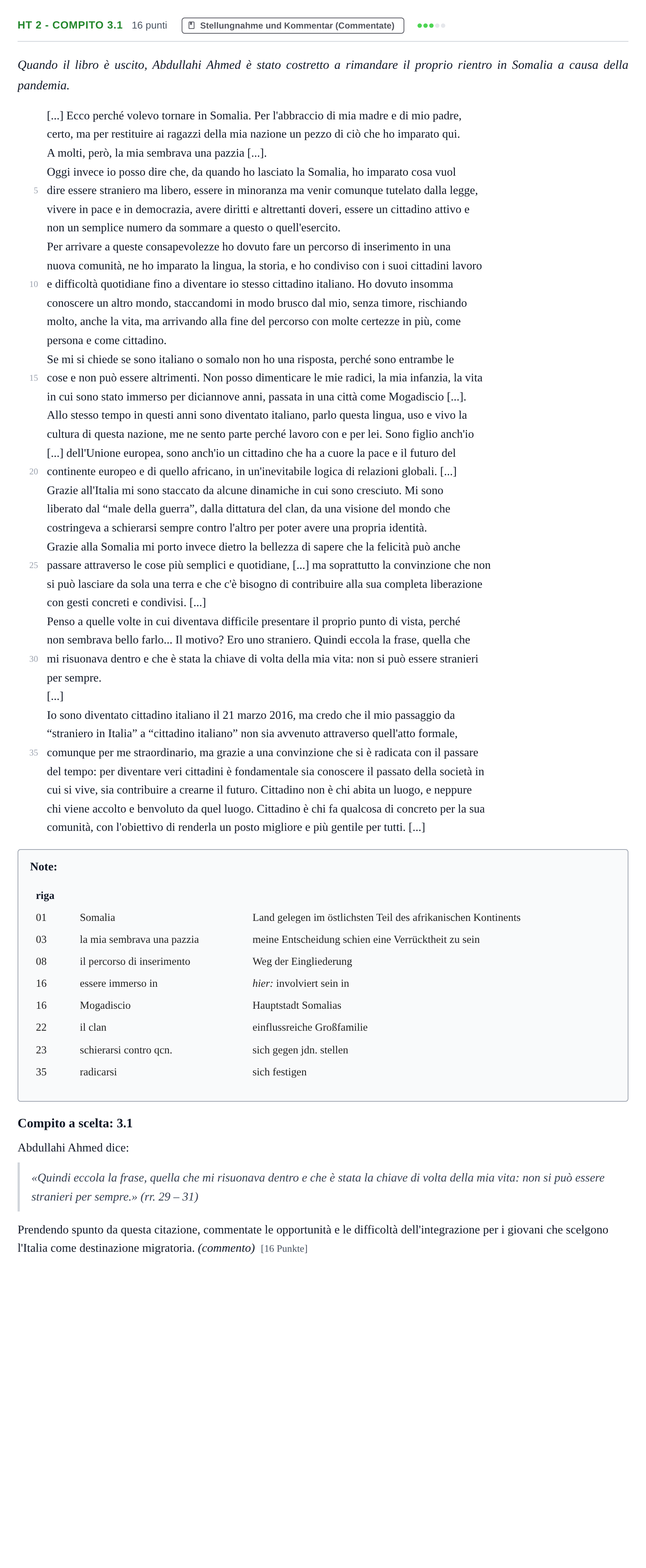 Aufgabenstellung: Aufgabe HT 2 - Compito 3.1 · Abitur NRW Italienisch GK · Haupttermin · neu einsetzend 2023