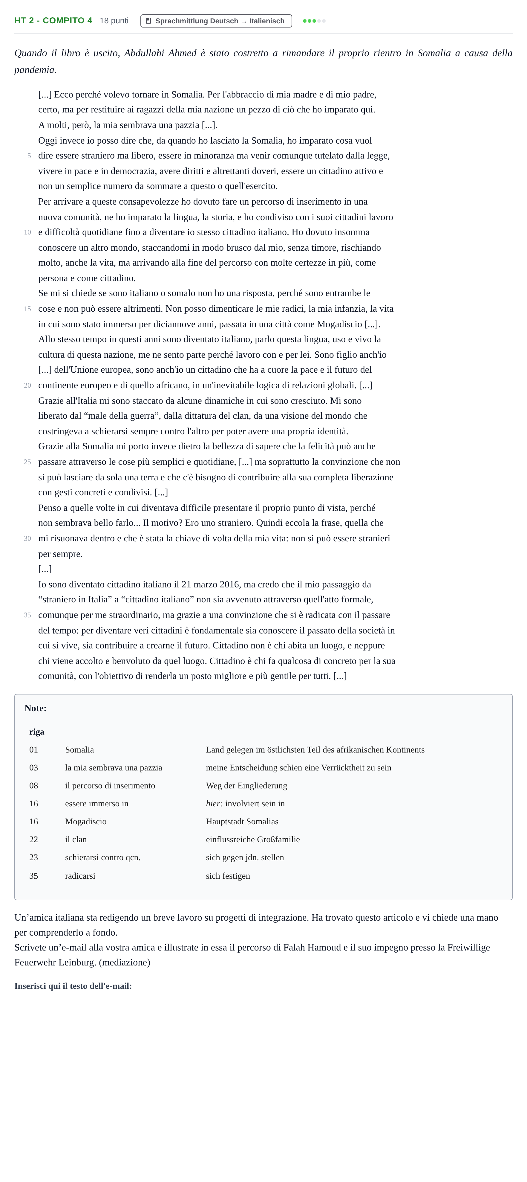 Aufgabenstellung: Aufgabe HT 2 - Compito 4 · Abitur NRW Italienisch GK · Haupttermin · neu einsetzend 2023