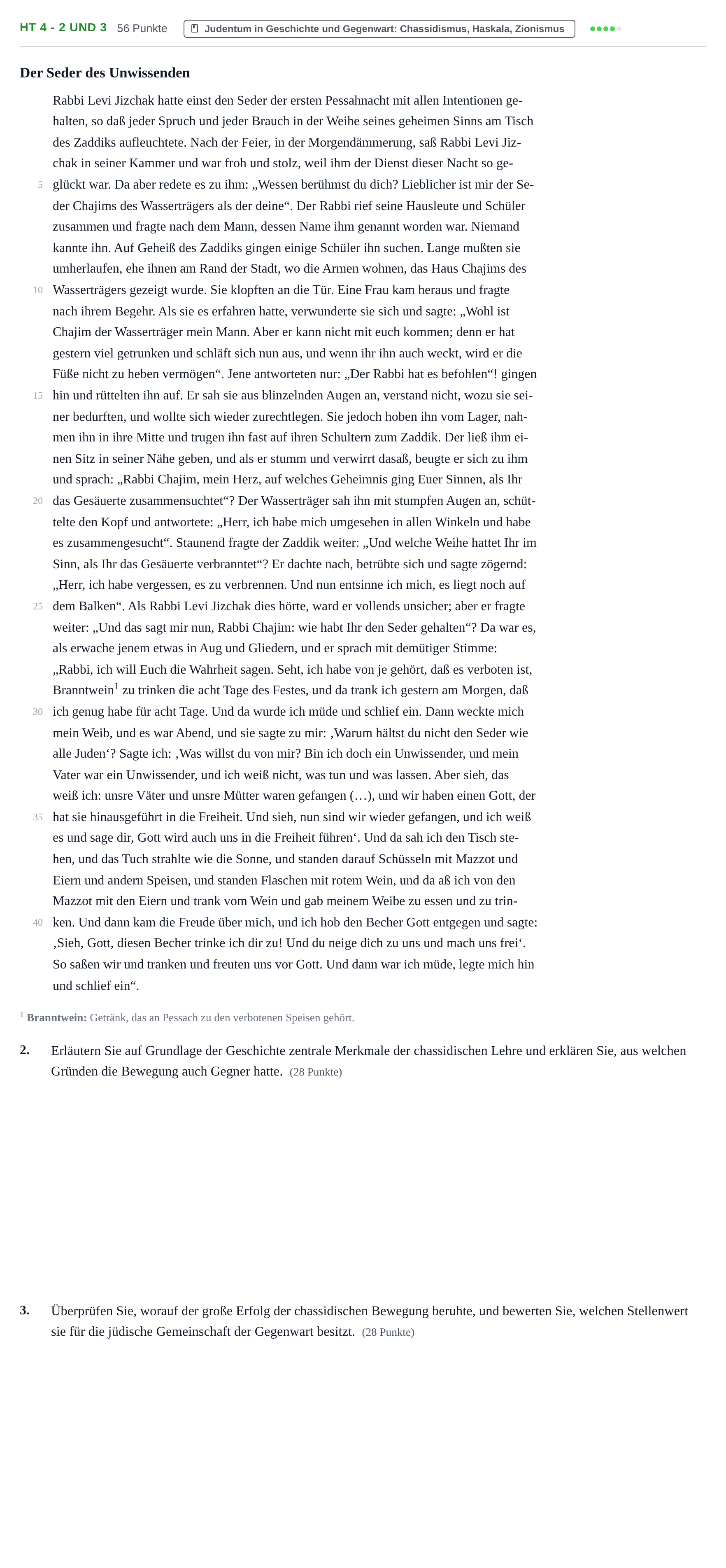 Aufgabenstellung: Aufgabe HT 4 - 2 und 3 · Abitur NRW Jüdische Religionslehre GK · Haupttermin 2021