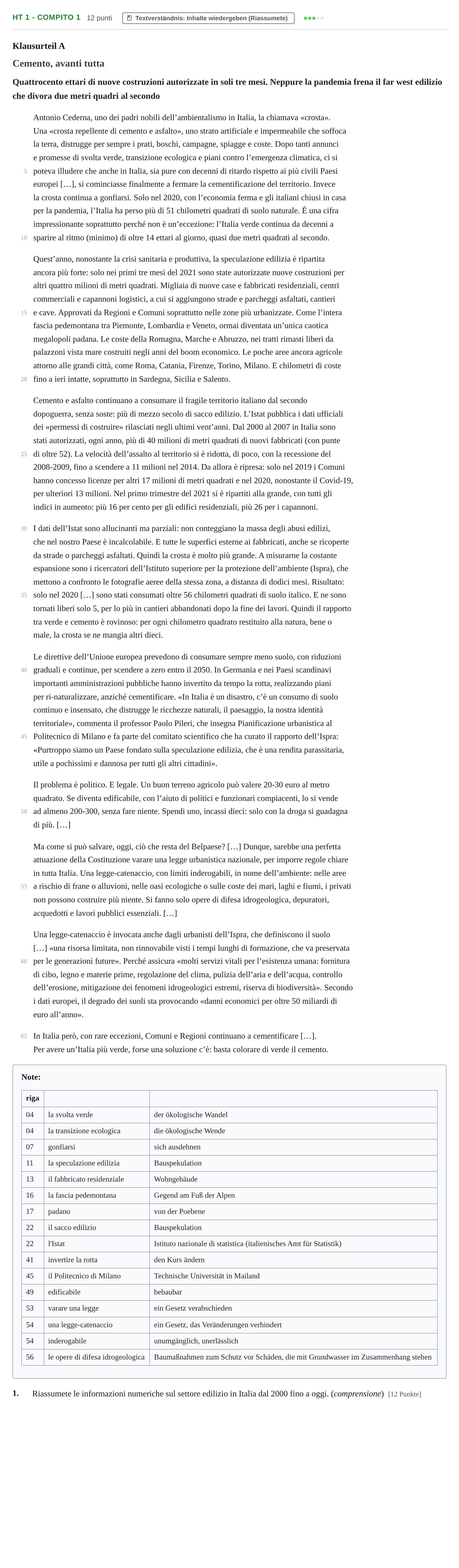 Aufgabenstellung: Aufgabe HT 1 - Compito 1 · Abitur NRW Italienisch LK · Haupttermin · fortgeführt 2023