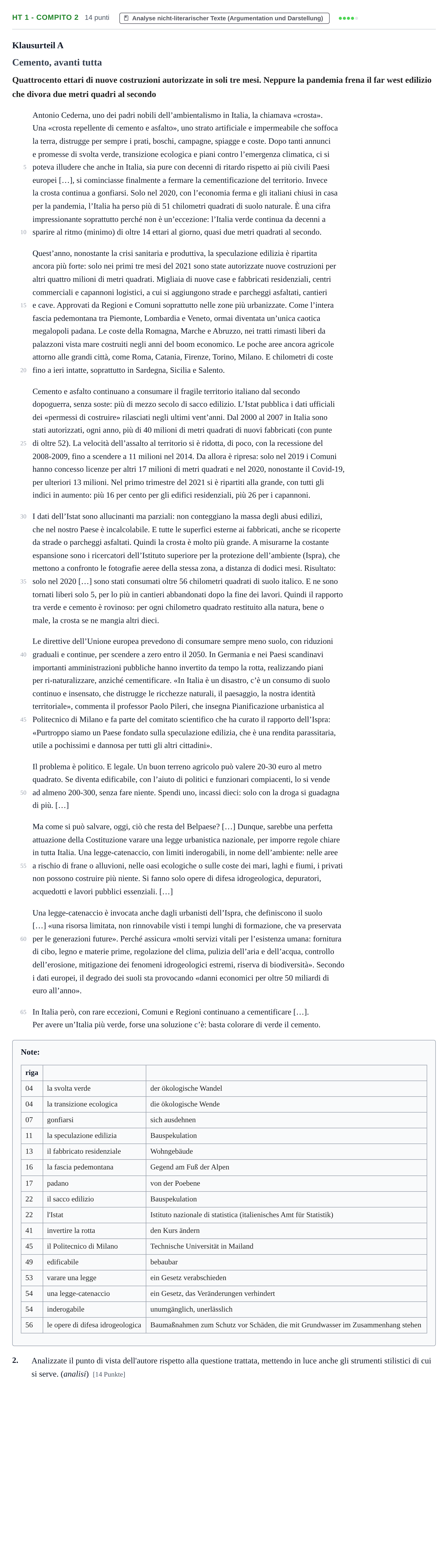 Aufgabenstellung: Aufgabe HT 1 - Compito 2 · Abitur NRW Italienisch LK · Haupttermin · fortgeführt 2023