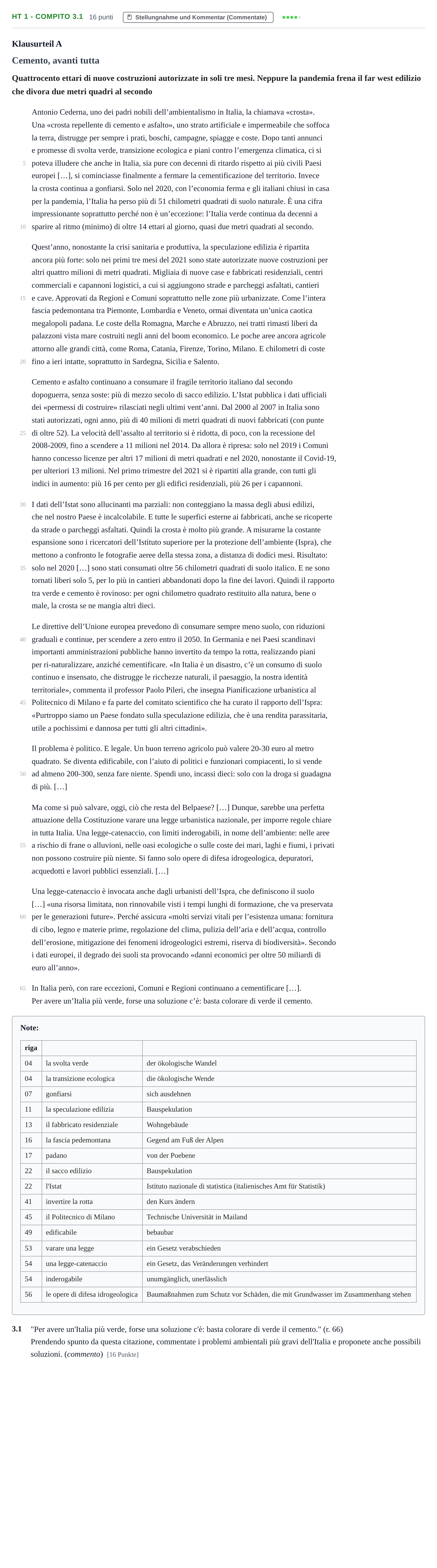 Aufgabenstellung: Aufgabe HT 1 - Compito 3.1 · Abitur NRW Italienisch LK · Haupttermin · fortgeführt 2023