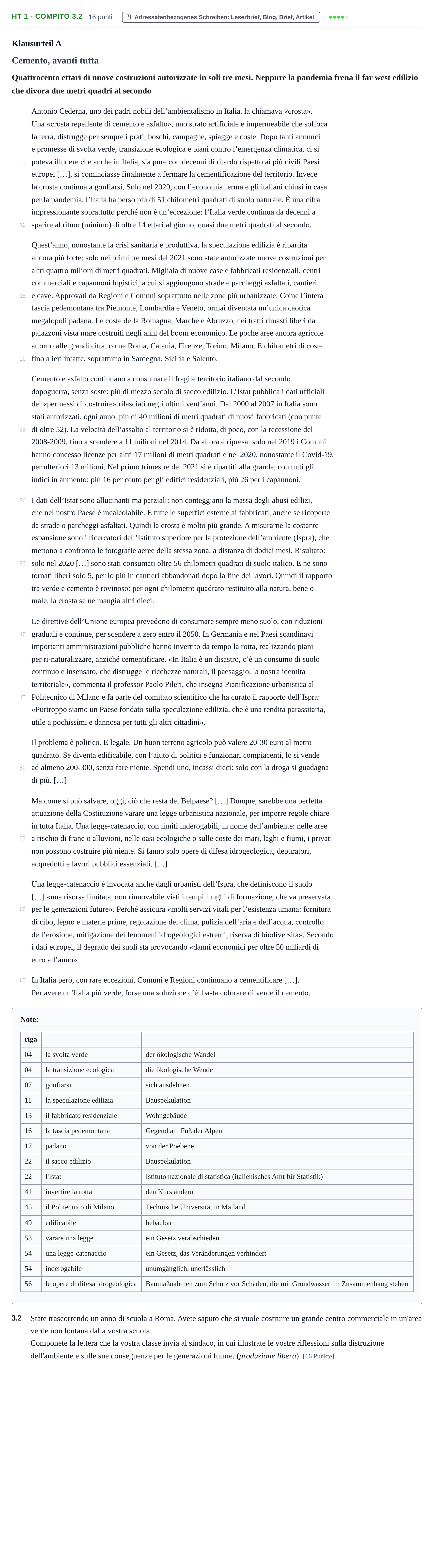 Aufgabenstellung: Aufgabe HT 1 - Compito 3.2 · Abitur NRW Italienisch LK · Haupttermin · fortgeführt 2023