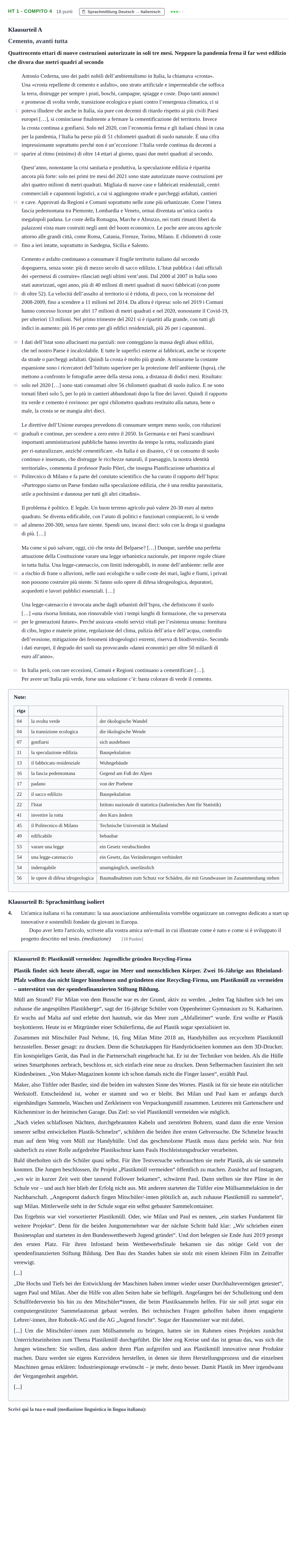 Aufgabenstellung: Aufgabe HT 1 - Compito 4 · Abitur NRW Italienisch LK · Haupttermin · fortgeführt 2023
