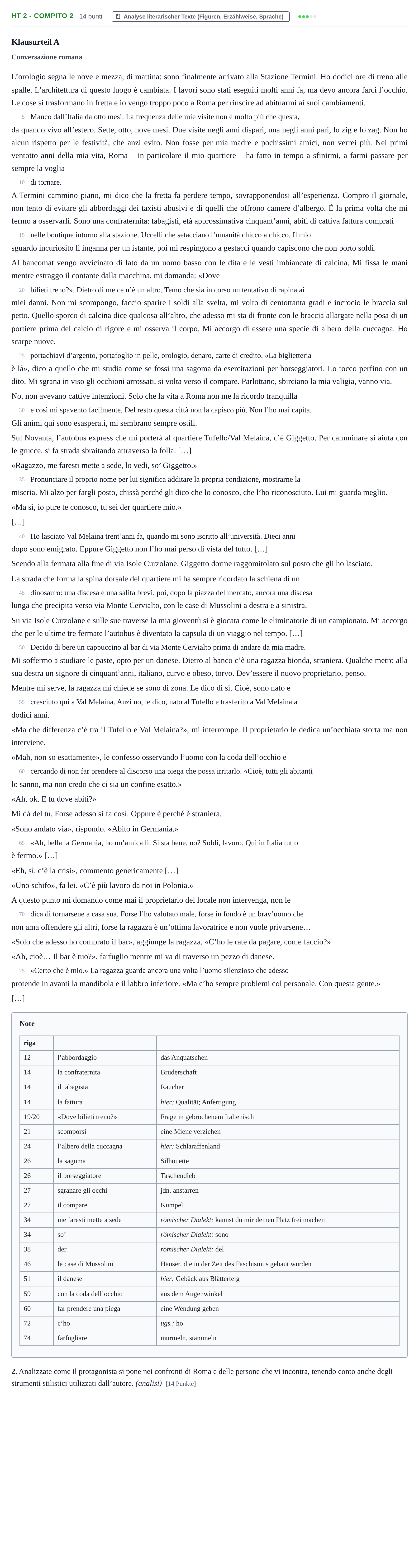 Aufgabenstellung: Aufgabe HT 2 - Compito 2 · Abitur NRW Italienisch LK · Haupttermin · fortgeführt 2023
