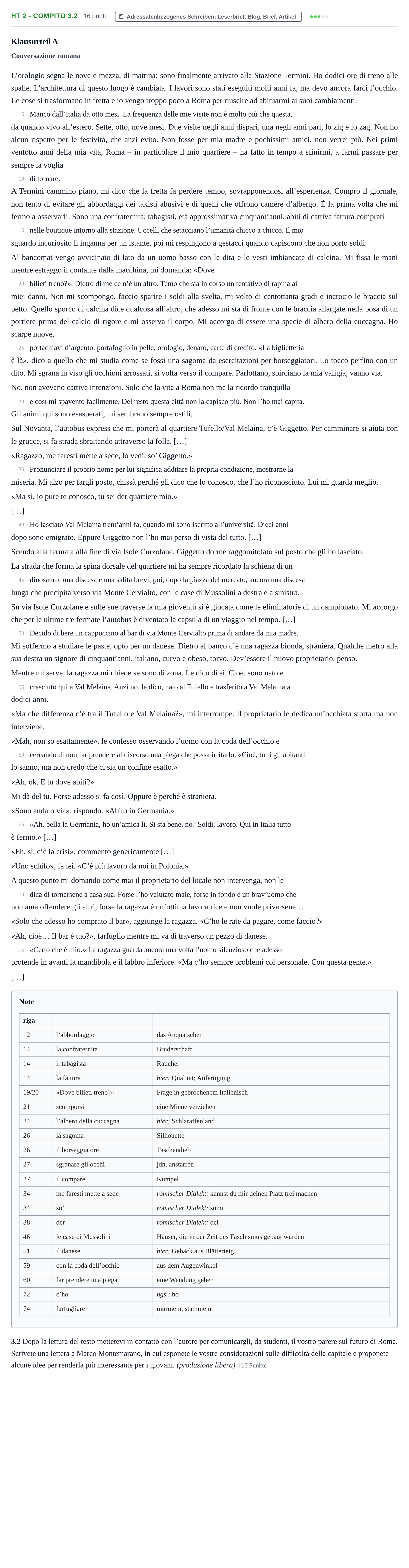 Aufgabenstellung: Aufgabe HT 2 - Compito 3.2 · Abitur NRW Italienisch LK · Haupttermin · fortgeführt 2023
