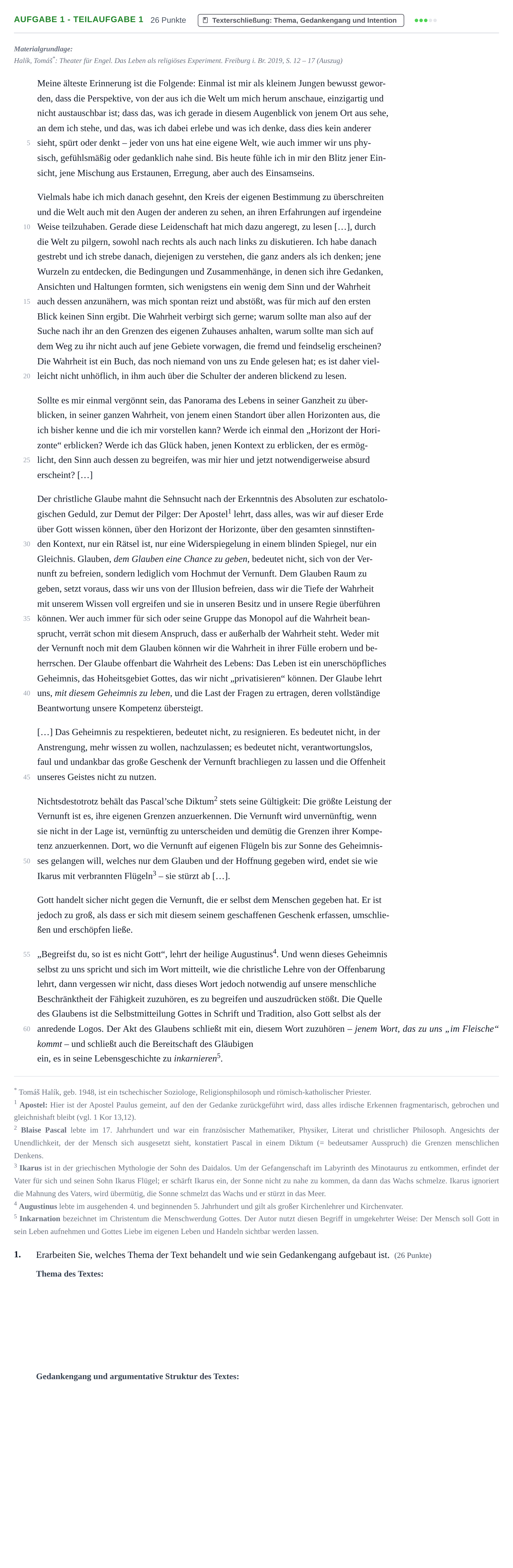 Aufgabenstellung: Aufgabe 1 - Teilaufgabe 1 · Abitur NRW Katholische Religion GK · Haupttermin 2021