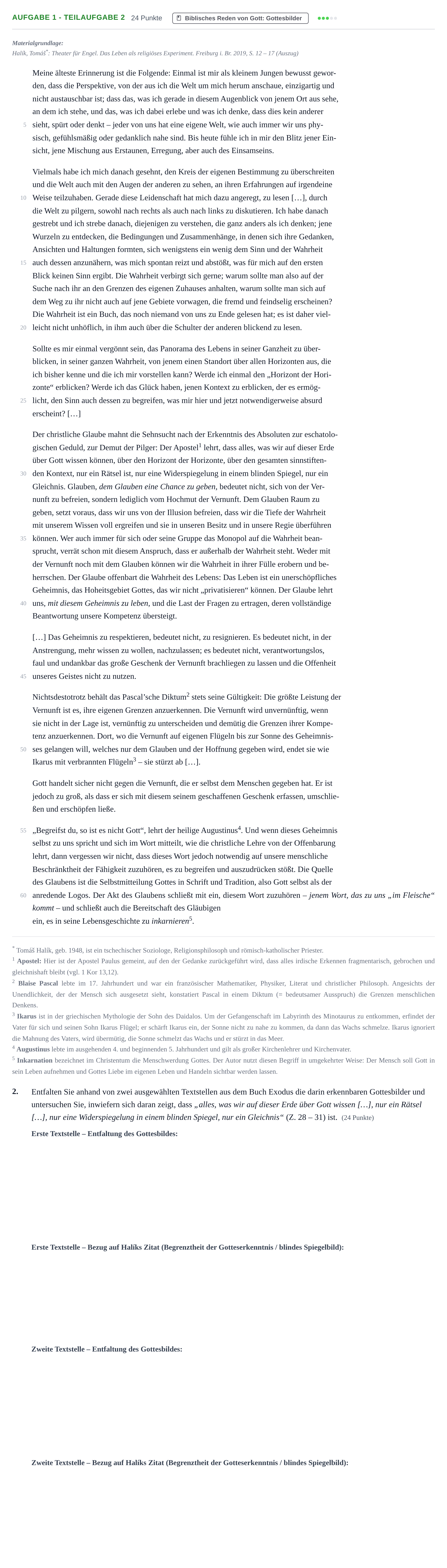 Aufgabenstellung: Aufgabe 1 - Teilaufgabe 2 · Abitur NRW Katholische Religion GK · Haupttermin 2021