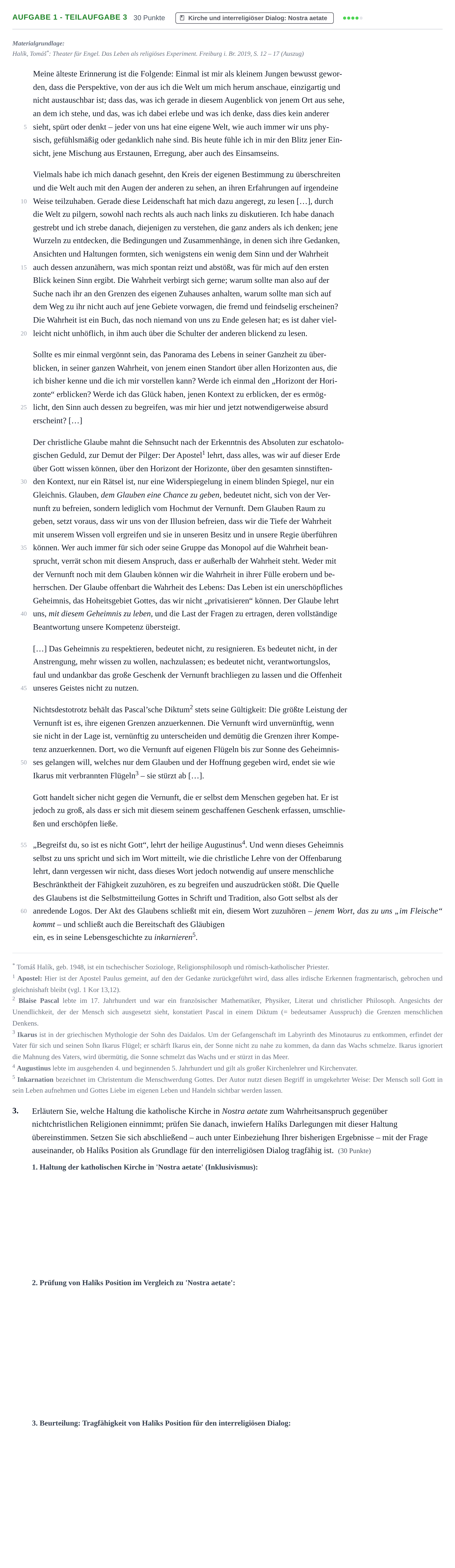 Aufgabenstellung: Aufgabe 1 - Teilaufgabe 3 · Abitur NRW Katholische Religion GK · Haupttermin 2021