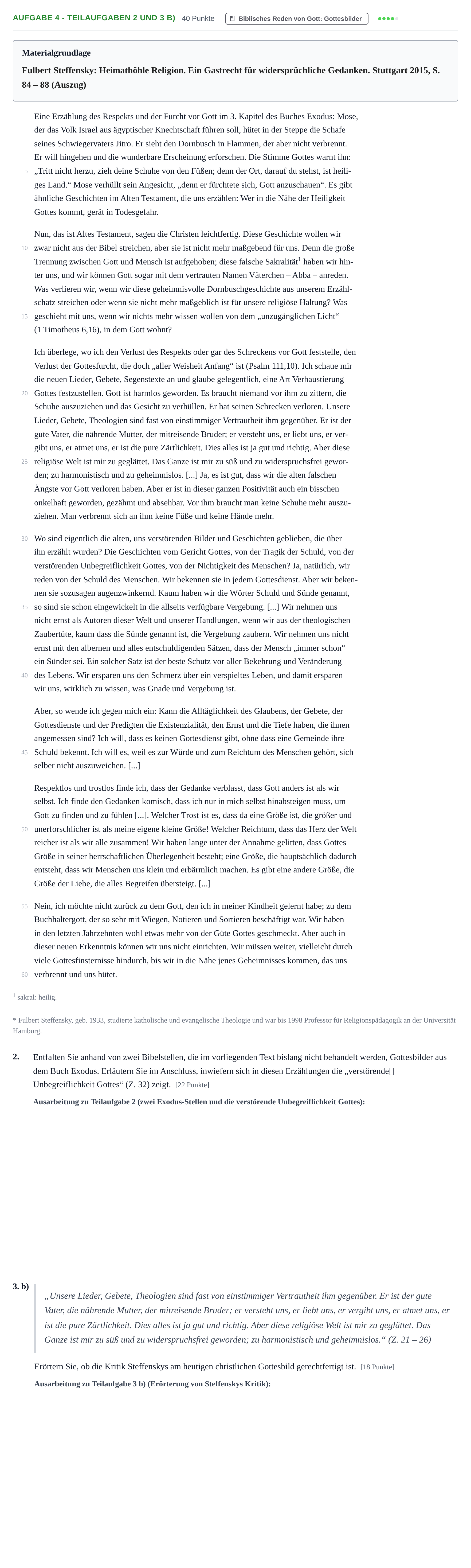 Aufgabenstellung: Aufgabe 4 - Teilaufgaben 2 und 3 b) · Abitur NRW Katholische Religion GK · Haupttermin 2021