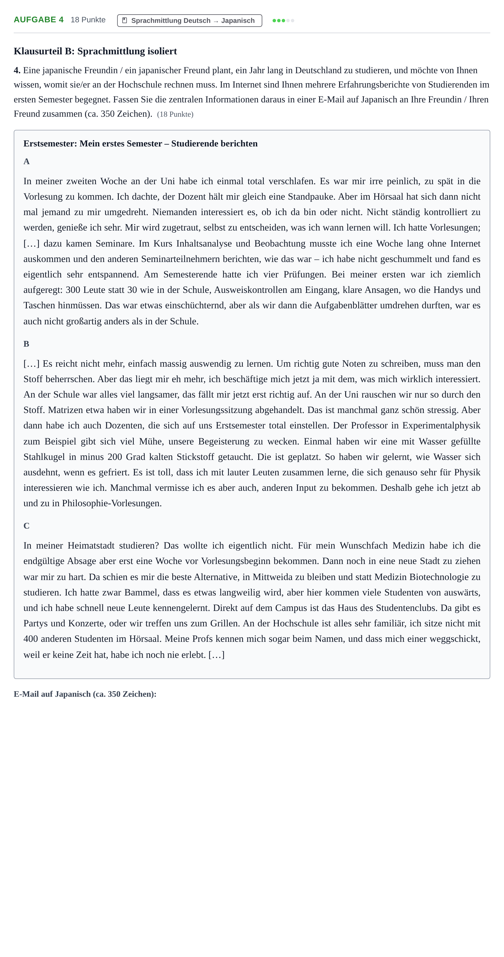 Aufgabenstellung: Aufgabe 4 · Abitur NRW Japanisch GK · Haupttermin · fortgeführt 2023