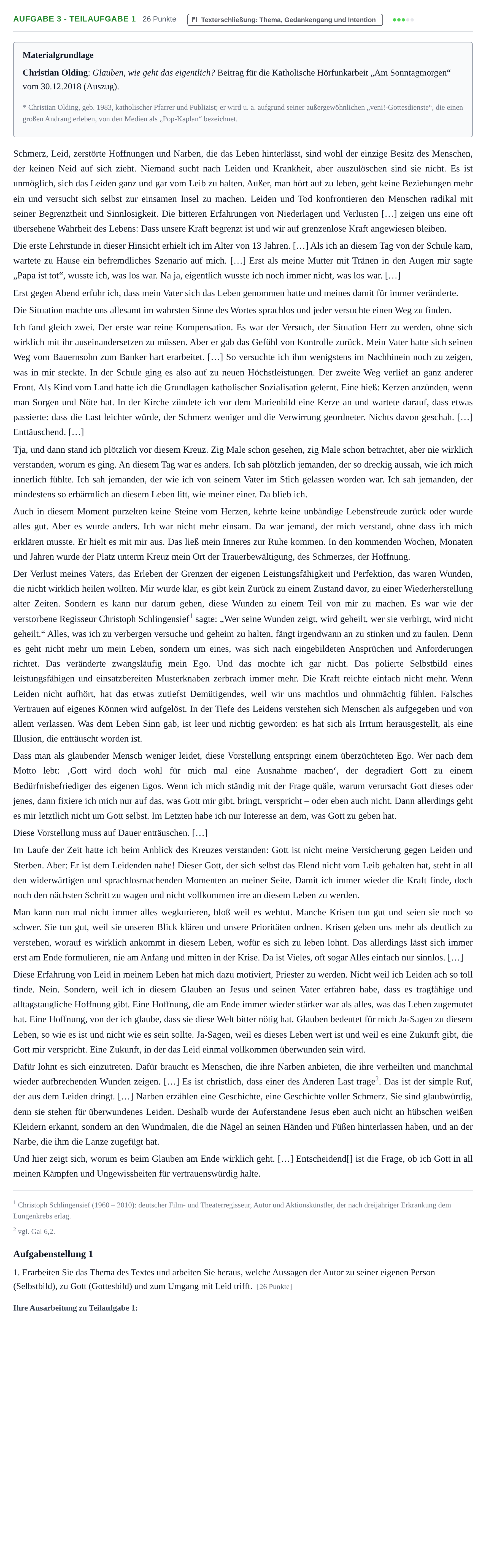 Aufgabenstellung: Aufgabe 3 - Teilaufgabe 1 · Abitur NRW Katholische Religion GK · Haupttermin · Weiterbildungskolleg 2021