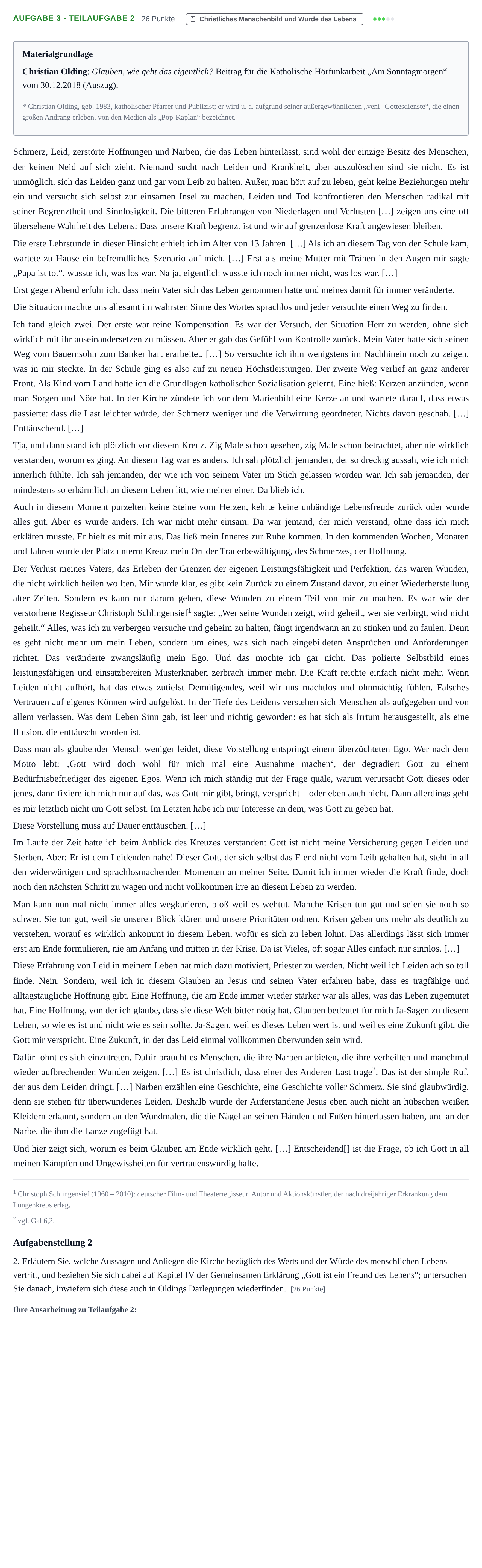 Aufgabenstellung: Aufgabe 3 - Teilaufgabe 2 · Abitur NRW Katholische Religion GK · Haupttermin · Weiterbildungskolleg 2021