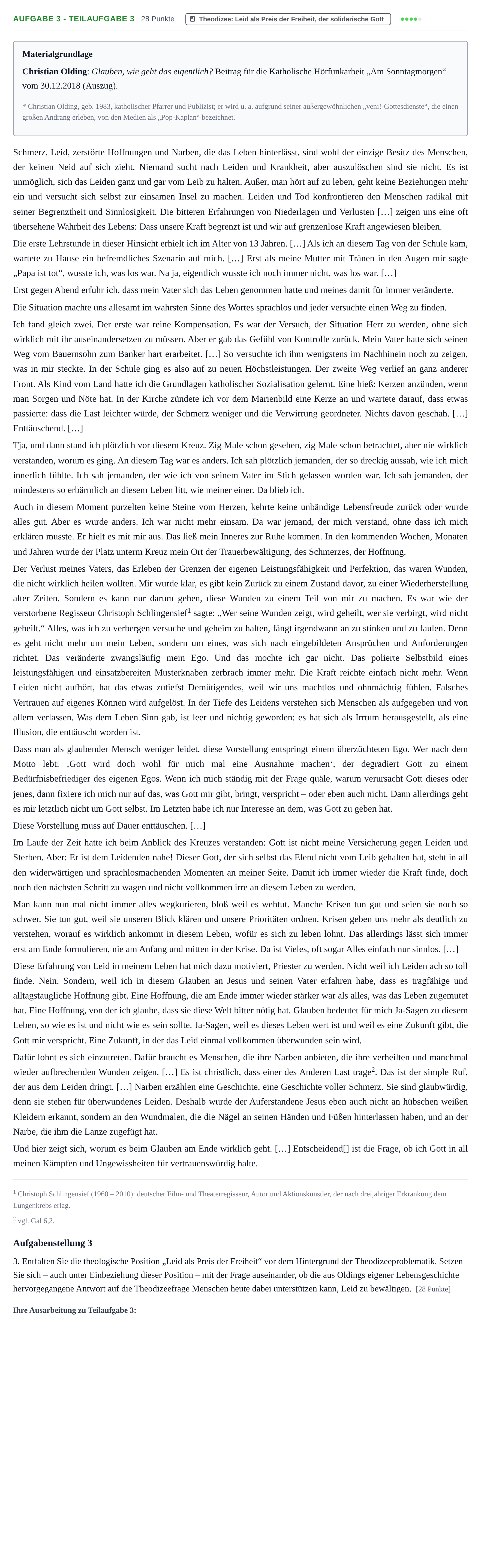 Aufgabenstellung: Aufgabe 3 - Teilaufgabe 3 · Abitur NRW Katholische Religion GK · Haupttermin · Weiterbildungskolleg 2021