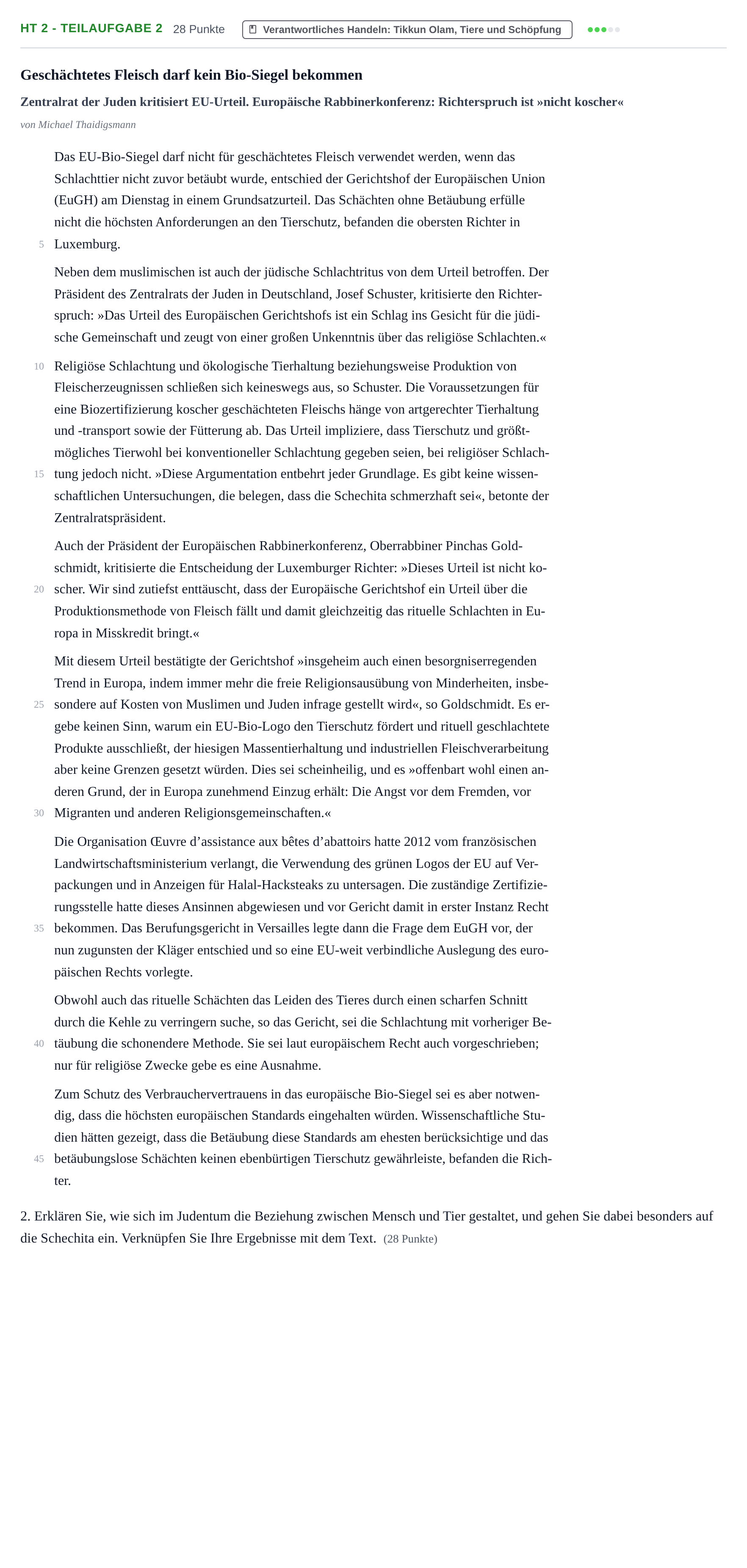 Aufgabenstellung: Aufgabe HT 2 - Teilaufgabe 2 · Abitur NRW Jüdische Religionslehre GK · Haupttermin 2022