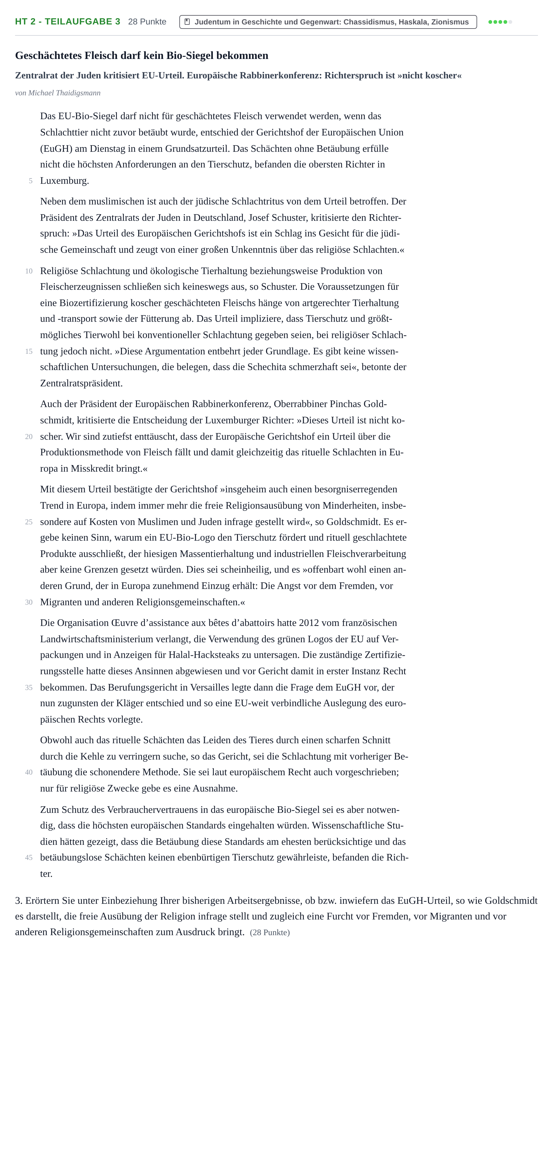 Aufgabenstellung: Aufgabe HT 2 - Teilaufgabe 3 · Abitur NRW Jüdische Religionslehre GK · Haupttermin 2022