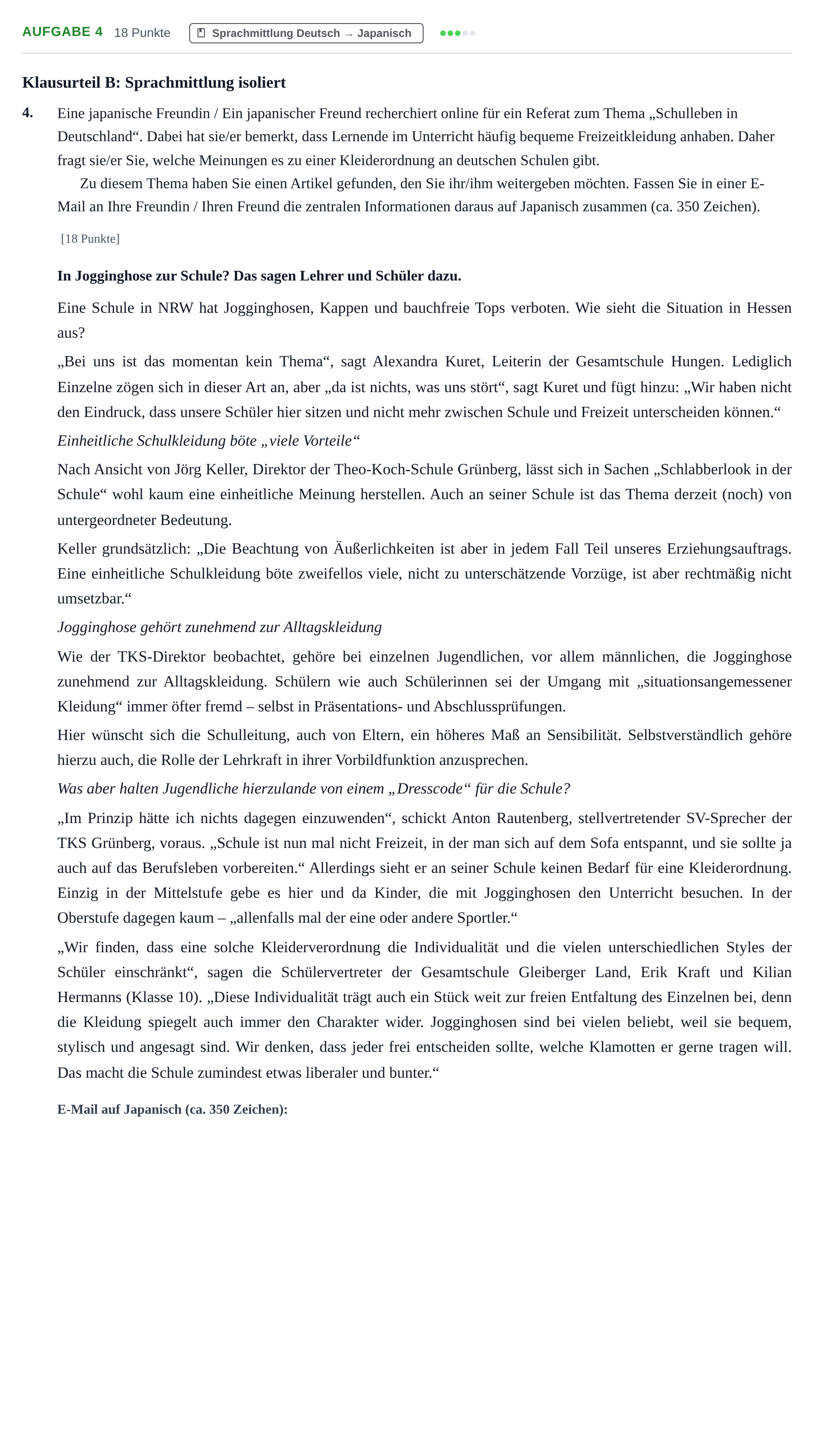Aufgabenstellung: Aufgabe 4 · Abitur NRW Japanisch GK · Haupttermin · neu einsetzend 2023