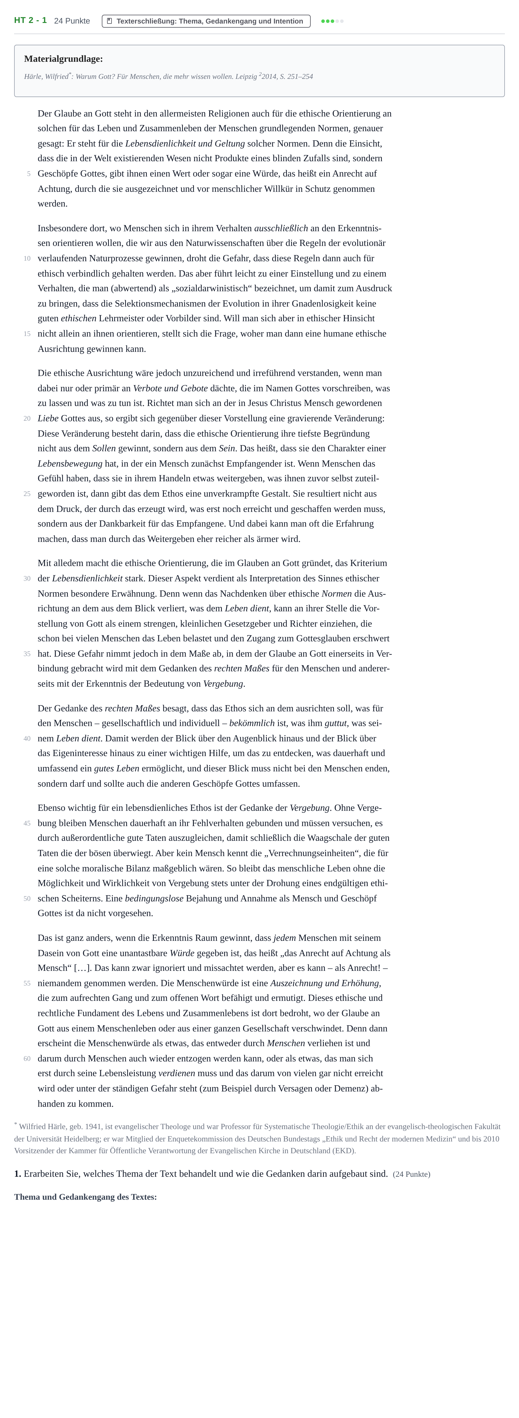 Aufgabenstellung: Aufgabe HT 2 - 1 · Abitur NRW Katholische Religion LK · Haupttermin 2021