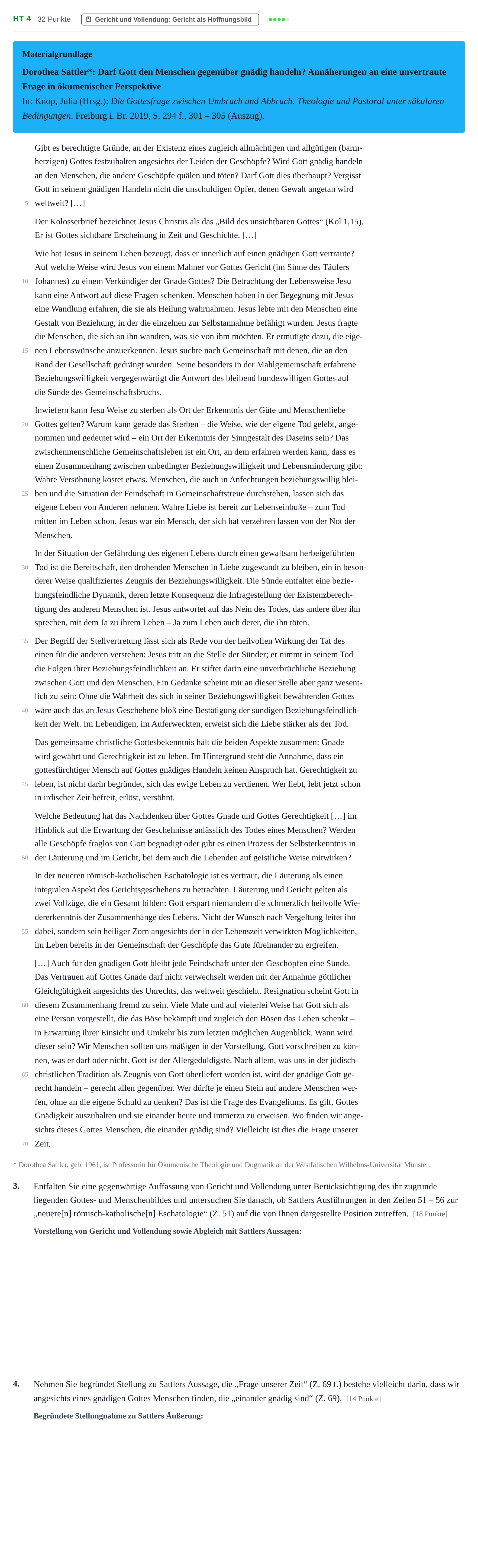 Aufgabenstellung: Aufgabe HT 4 · Abitur NRW Katholische Religion LK · Haupttermin 2021