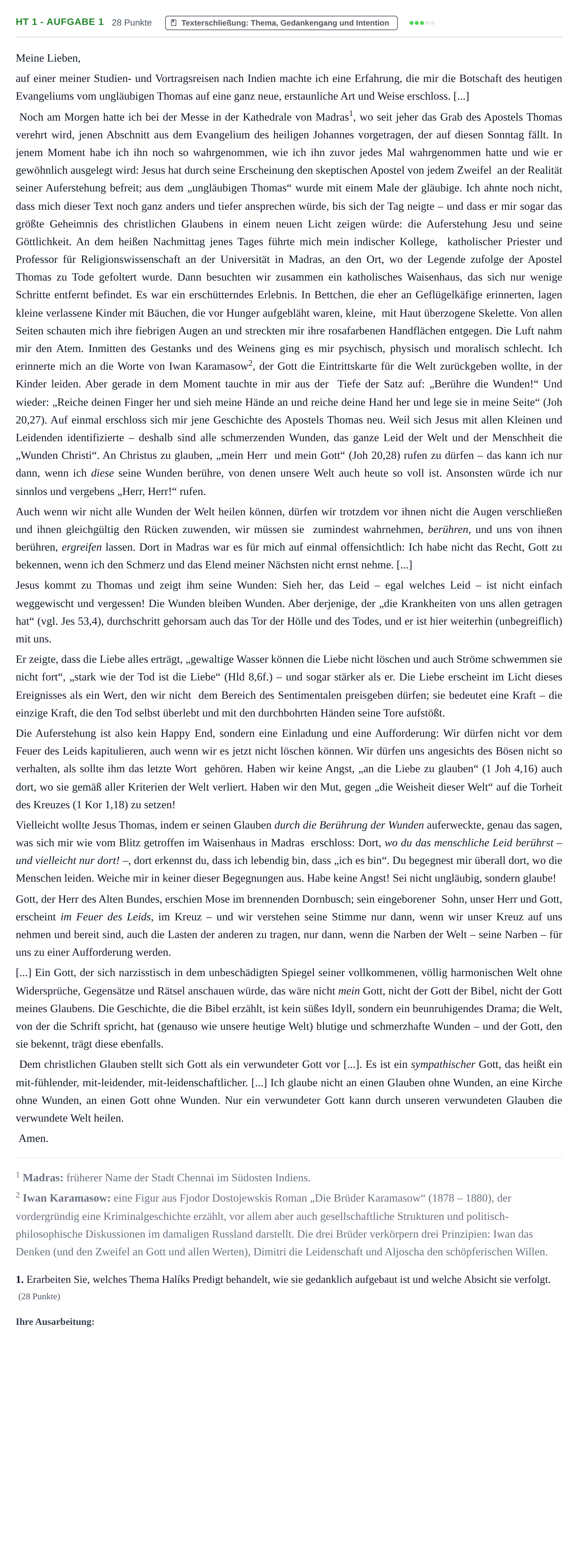 Aufgabenstellung: Aufgabe HT 1 - Aufgabe 1 · Abitur NRW Katholische Religion GK · Haupttermin 2022