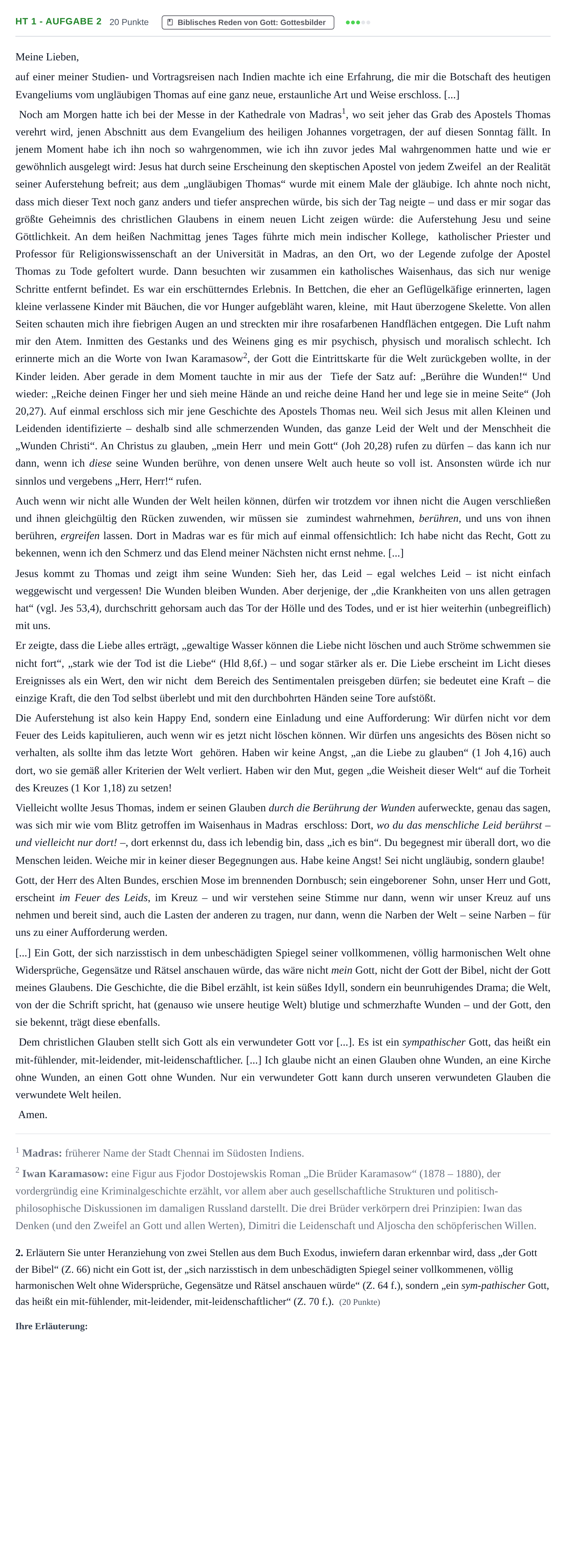 Aufgabenstellung: Aufgabe HT 1 - Aufgabe 2 · Abitur NRW Katholische Religion GK · Haupttermin 2022