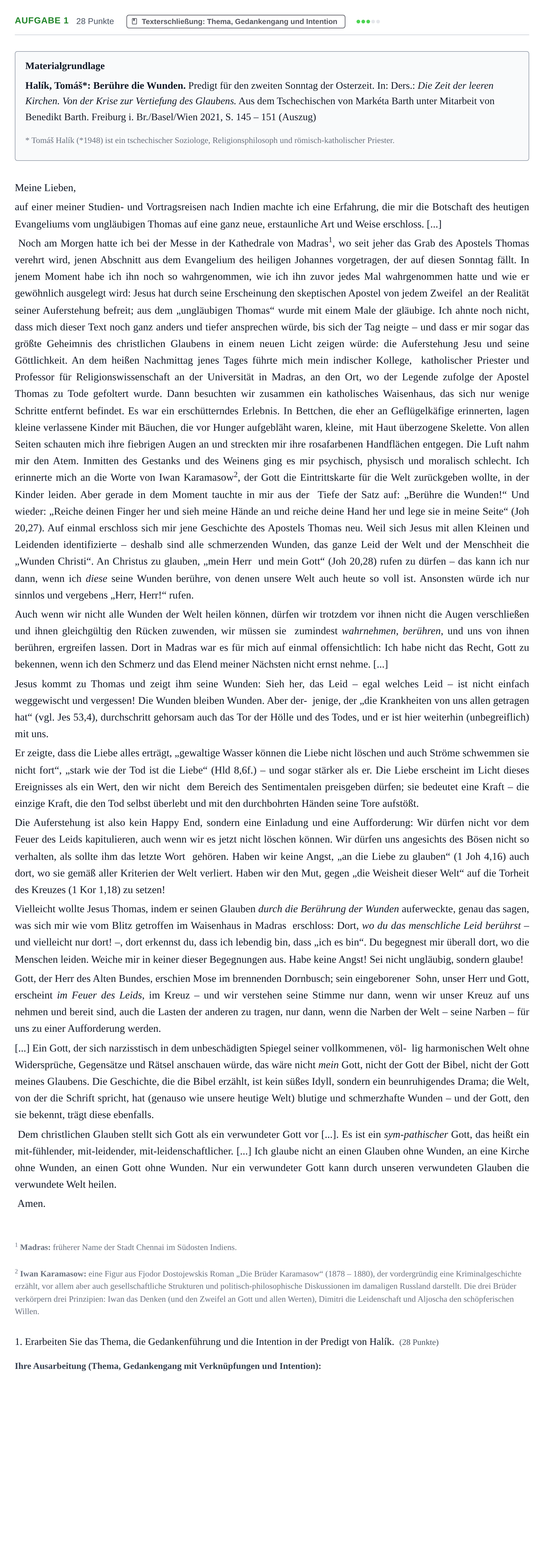 Aufgabenstellung: Aufgabe 1 - Texterschließung · Abitur NRW Katholische Religion GK · Haupttermin · Weiterbildungskolleg 2022