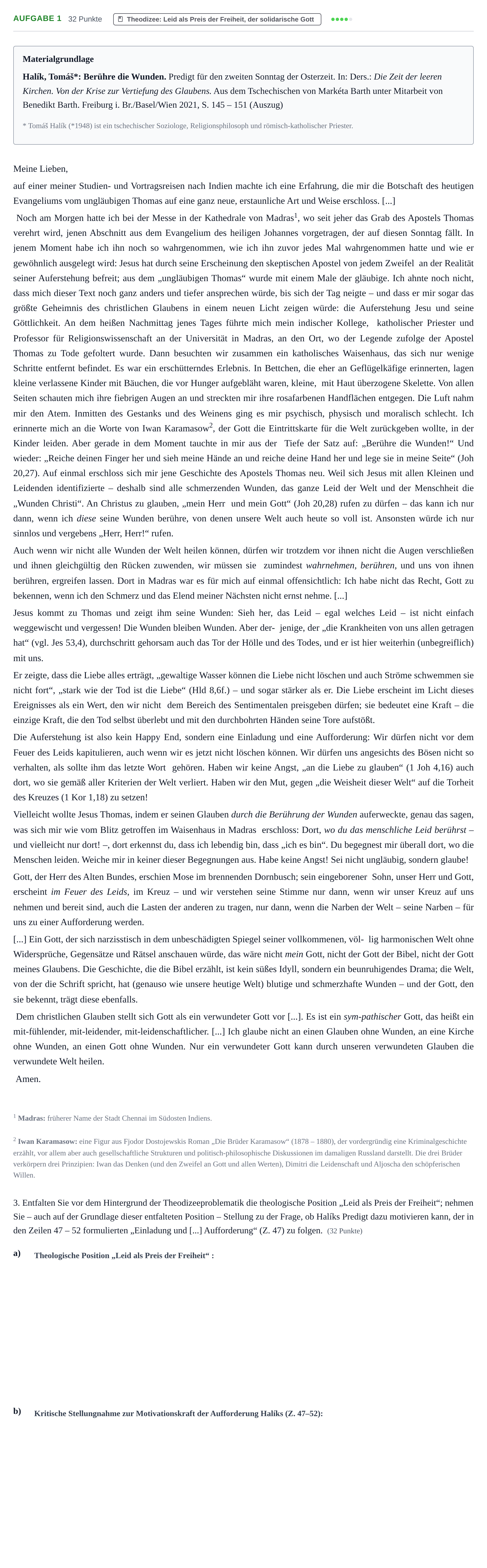 Aufgabenstellung: Aufgabe 1 - Theodizee · Abitur NRW Katholische Religion GK · Haupttermin · Weiterbildungskolleg 2022