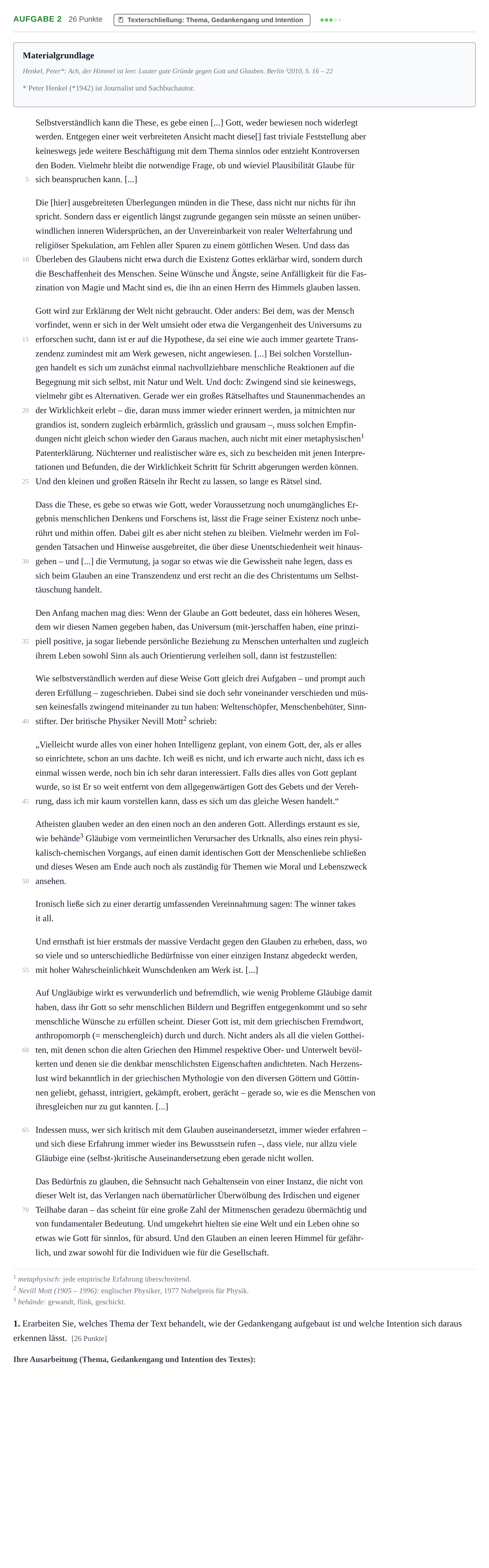 Aufgabenstellung: Aufgabe 2 - Texterschließung · Abitur NRW Katholische Religion GK · Haupttermin · Weiterbildungskolleg 2022