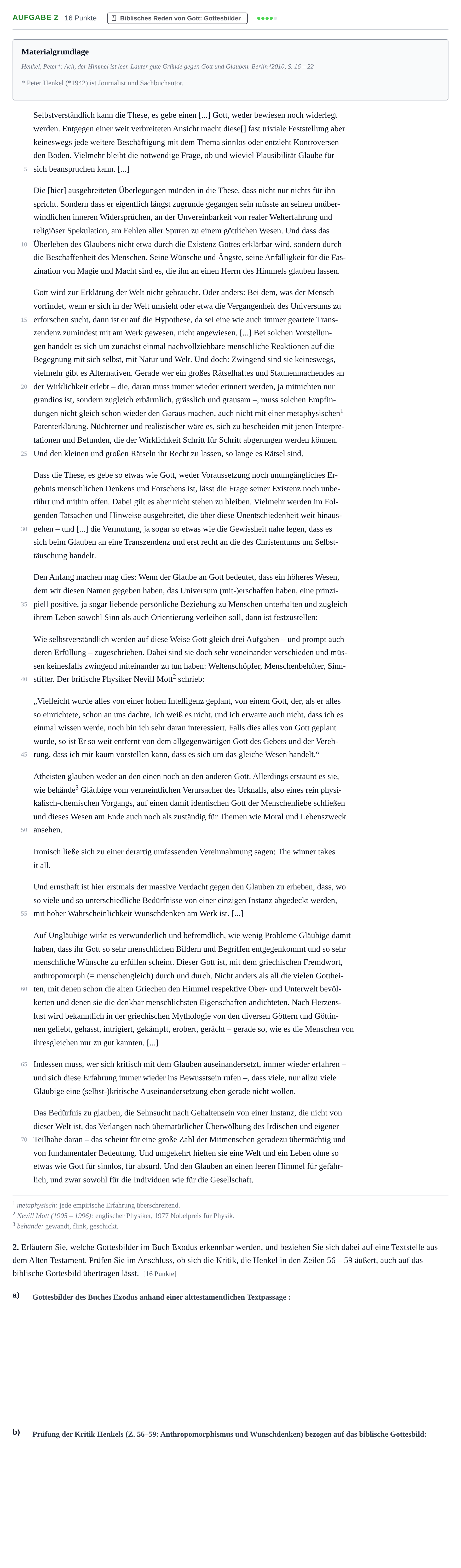 Aufgabenstellung: Aufgabe 2 - Biblisches Reden von Gott · Abitur NRW Katholische Religion GK · Haupttermin · Weiterbildungskolleg 2022