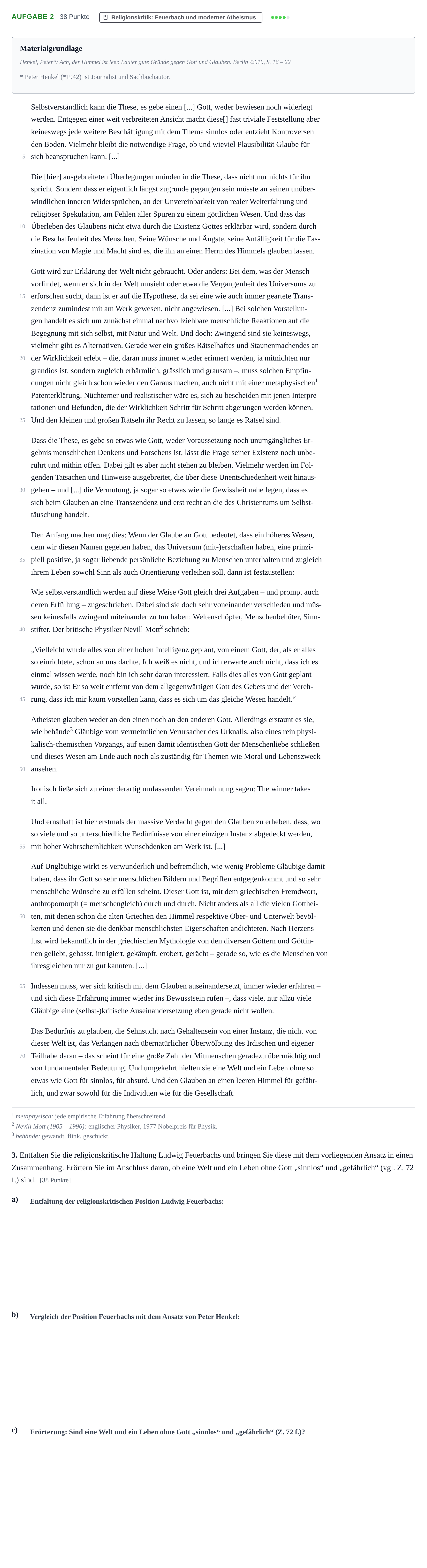 Aufgabenstellung: Aufgabe 2 - Religionskritik · Abitur NRW Katholische Religion GK · Haupttermin · Weiterbildungskolleg 2022