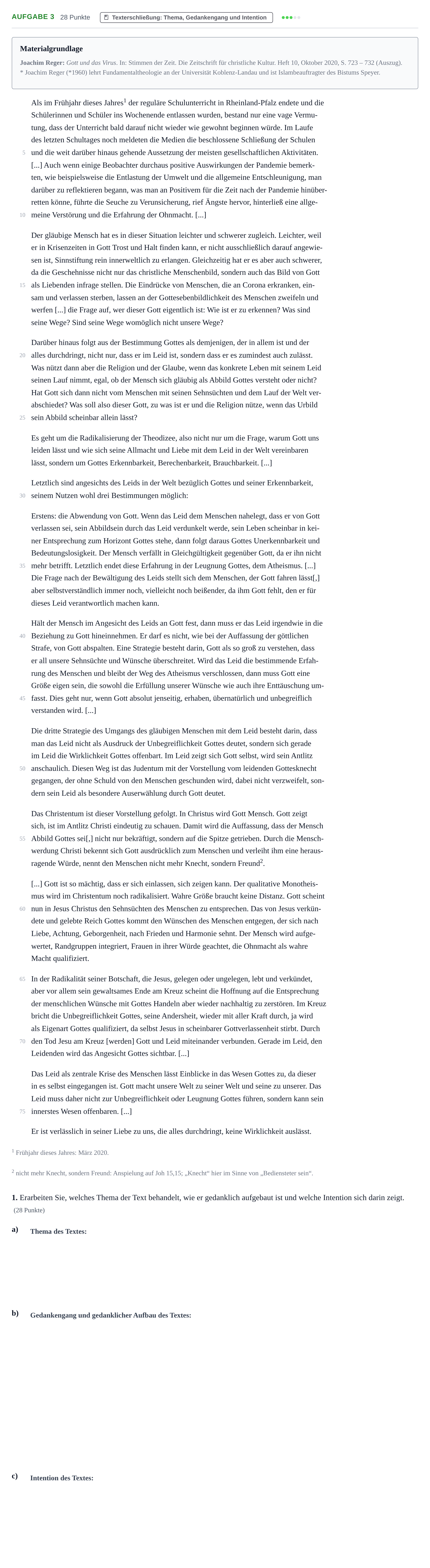 Aufgabenstellung: Aufgabe 3 - Texterschließung · Abitur NRW Katholische Religion GK · Haupttermin · Weiterbildungskolleg 2022