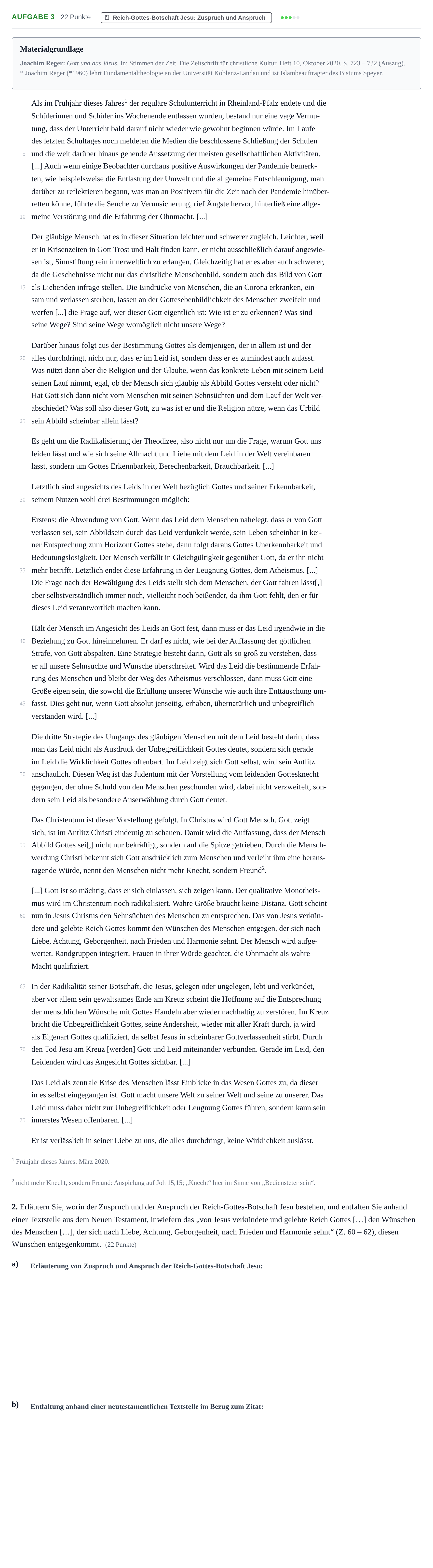 Aufgabenstellung: Aufgabe 3 - Reich-Gottes-Botschaft · Abitur NRW Katholische Religion GK · Haupttermin · Weiterbildungskolleg 2022