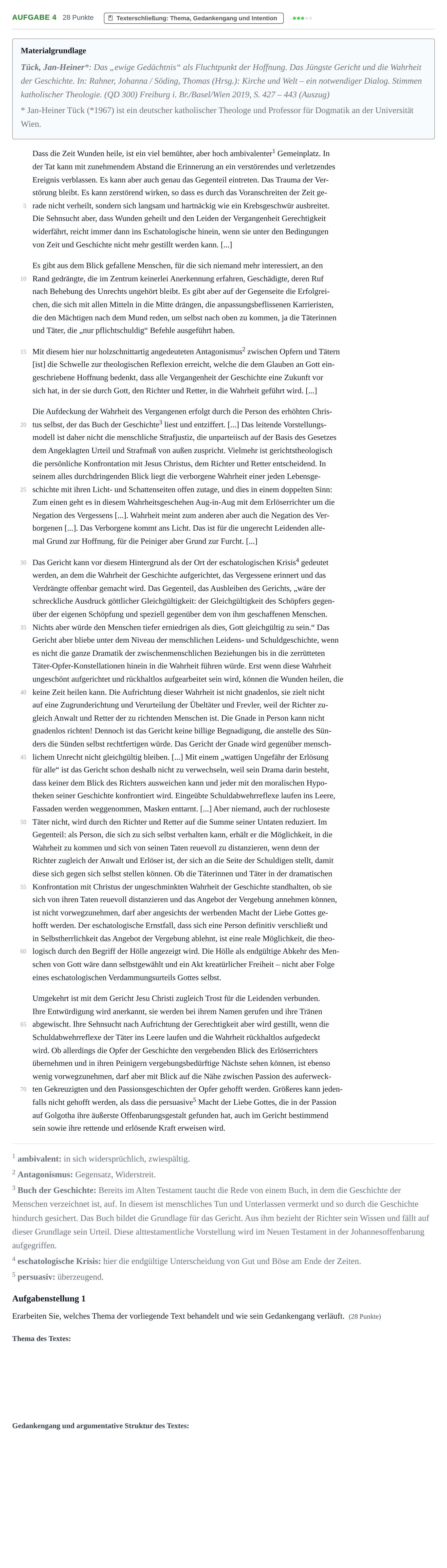 Aufgabenstellung: Aufgabe 4 - Texterschließung · Abitur NRW Katholische Religion GK · Haupttermin · Weiterbildungskolleg 2022