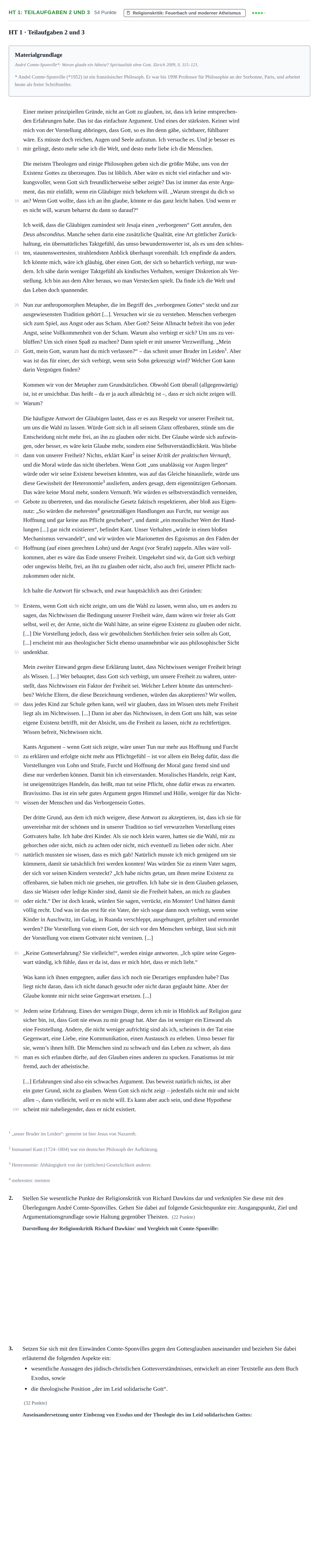 Aufgabenstellung: Aufgabe HT 1: Teilaufgaben 2 und 3 - Religionskritik · Abitur NRW Katholische Religion LK · Haupttermin 2022