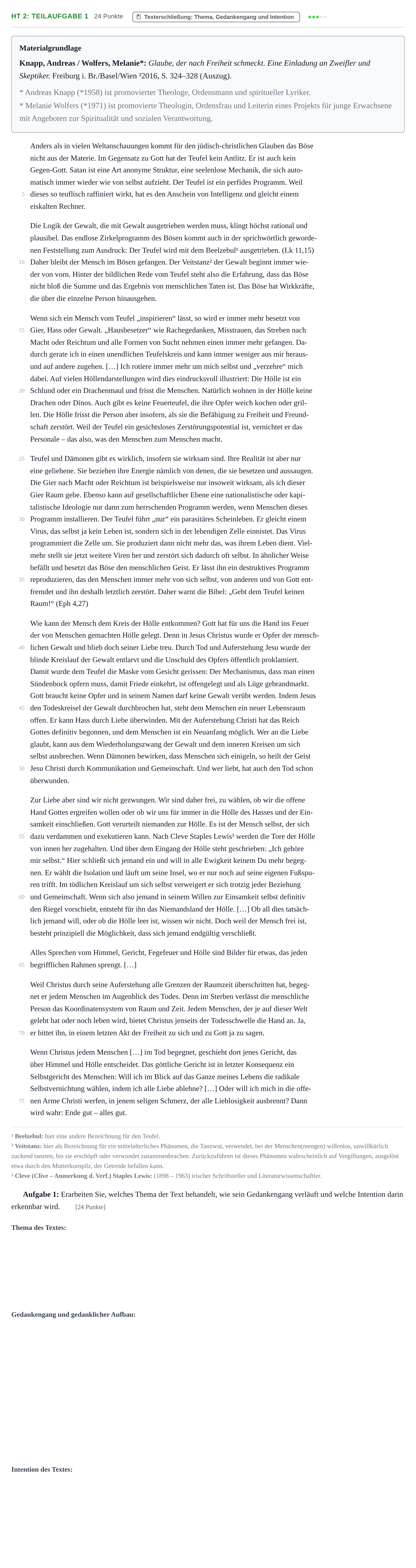 Aufgabenstellung: Aufgabe HT 2: Teilaufgabe 1 - Texterschließung · Abitur NRW Katholische Religion LK · Haupttermin 2022