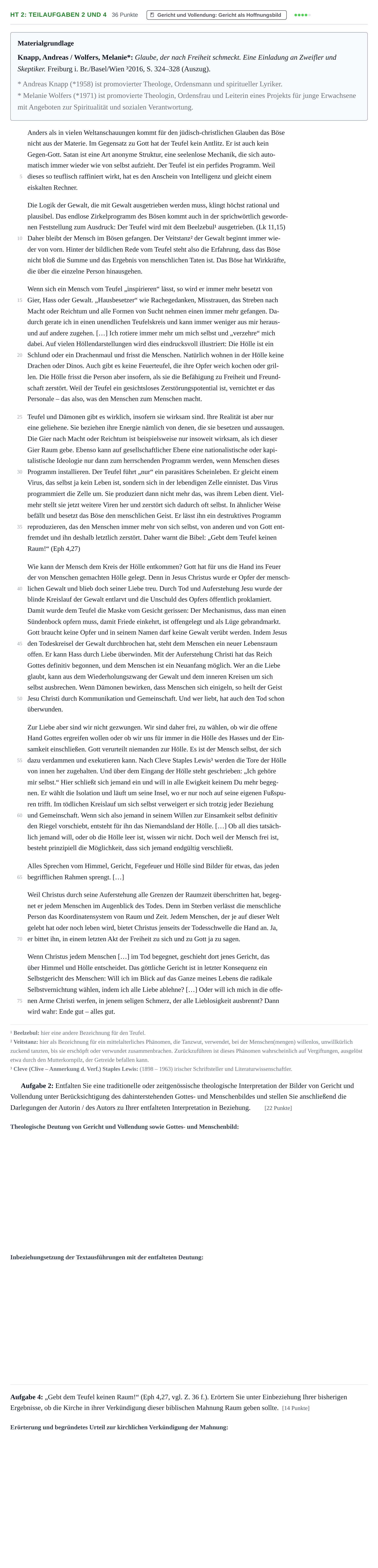 Aufgabenstellung: Aufgabe HT 2: Teilaufgaben 2 und 4 - Gericht und Vollendu… · Abitur NRW Katholische Religion LK · Haupttermin 2022