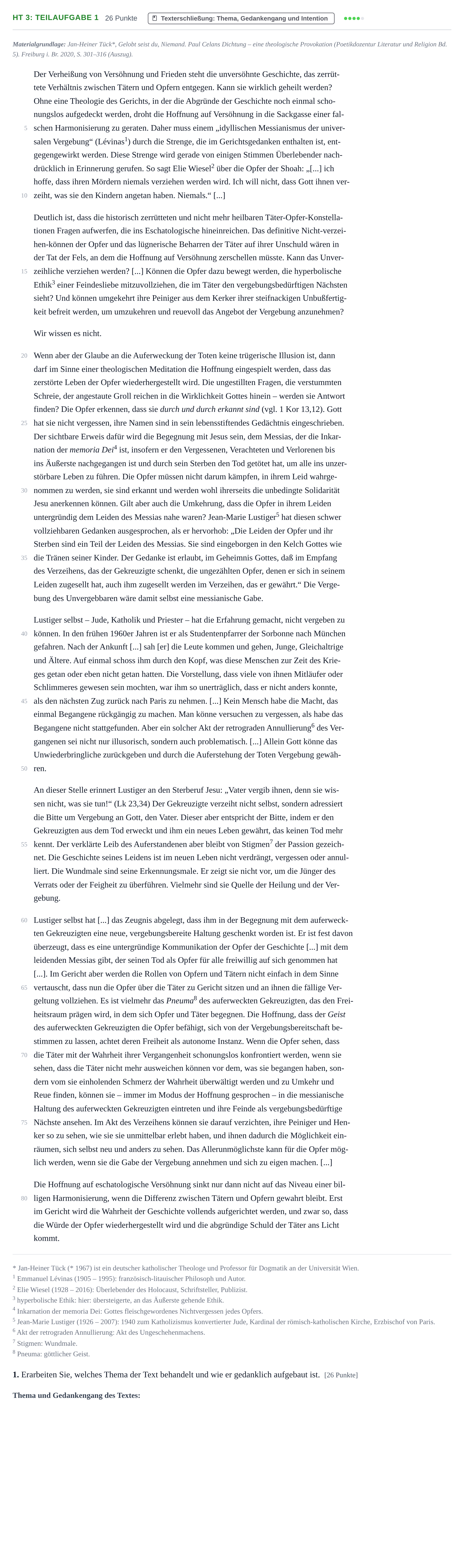 Aufgabenstellung: Aufgabe HT 3: Teilaufgabe 1 - Texterschließung · Abitur NRW Katholische Religion LK · Haupttermin 2022