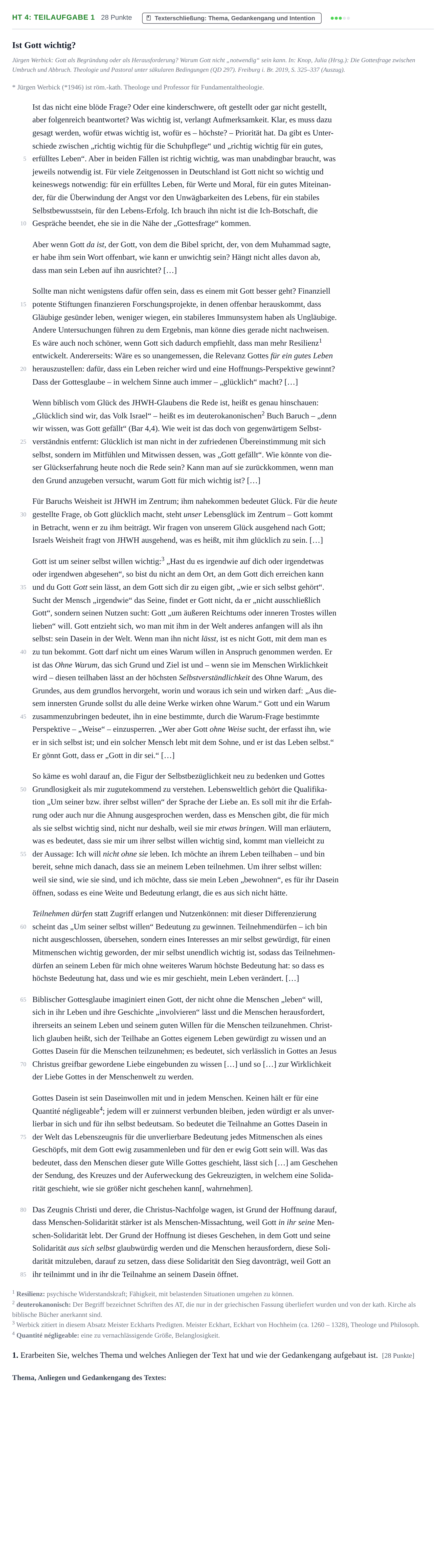 Aufgabenstellung: Aufgabe HT 4: Teilaufgabe 1 - Texterschließung · Abitur NRW Katholische Religion LK · Haupttermin 2022