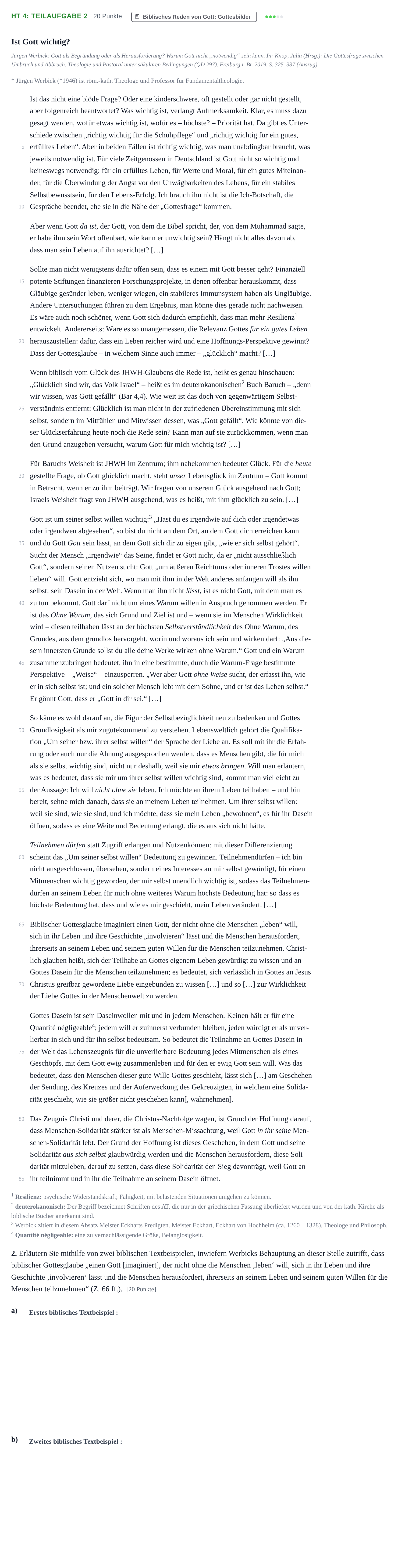 Aufgabenstellung: Aufgabe HT 4: Teilaufgabe 2 - Biblisches Reden von Gott · Abitur NRW Katholische Religion LK · Haupttermin 2022