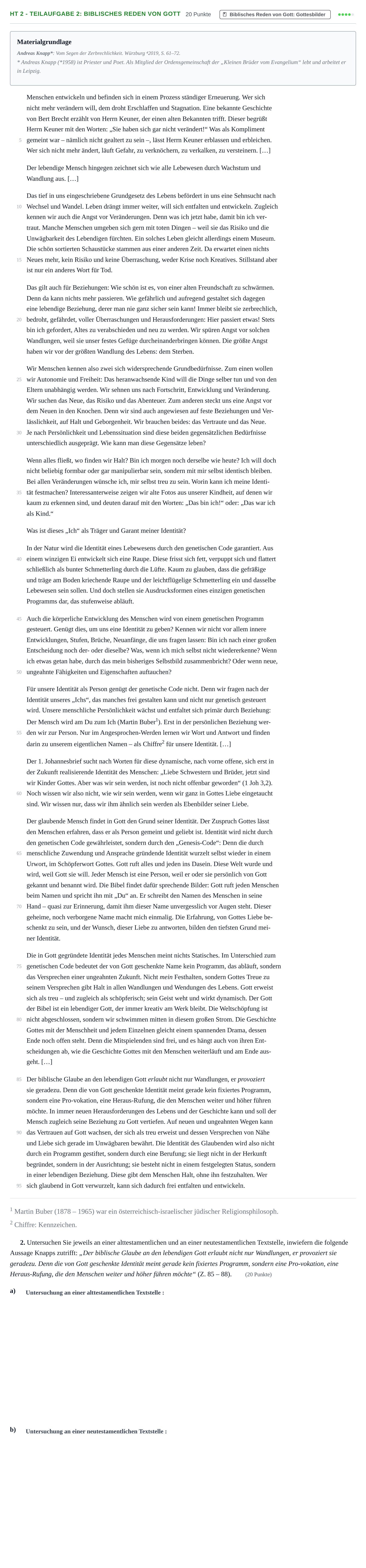 Aufgabenstellung: Aufgabe HT 2 - Teilaufgabe 2: Biblisches Reden von Gott · Abitur NRW Katholische Religion LK · Haupttermin 2023