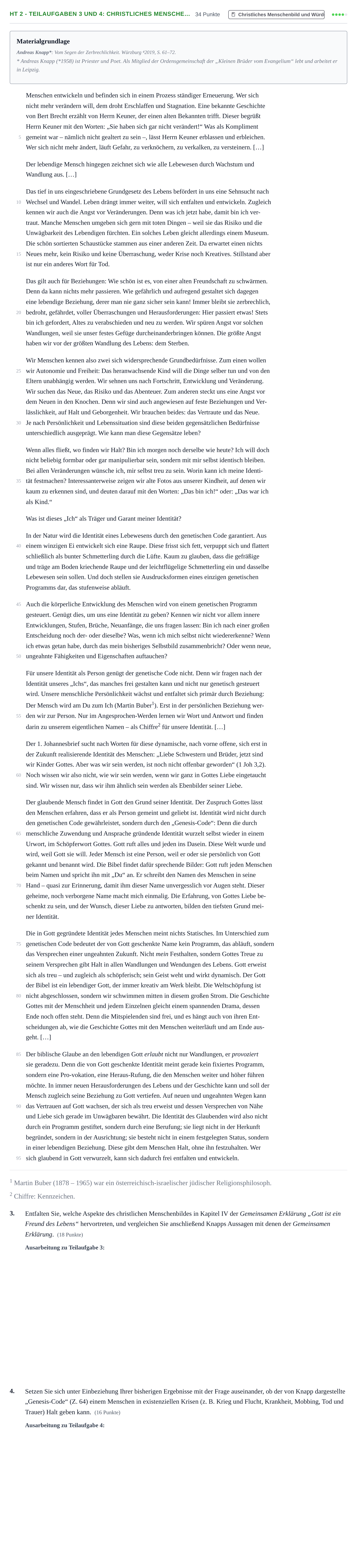 Aufgabenstellung: Aufgabe HT 2 - Teilaufgaben 3 und 4: Christliches Mensche… · Abitur NRW Katholische Religion LK · Haupttermin 2023