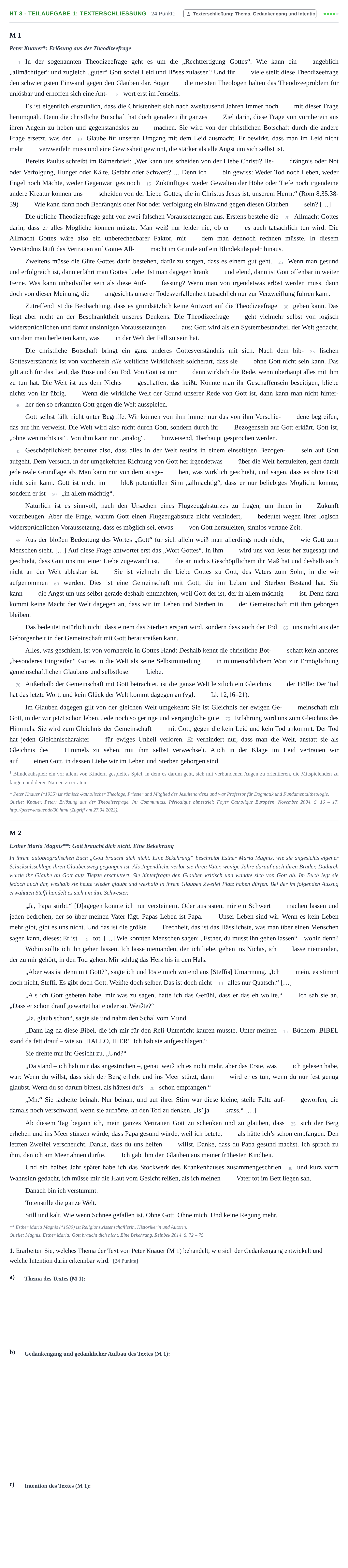 Aufgabenstellung: Aufgabe HT 3 - Teilaufgabe 1: Texterschließung · Abitur NRW Katholische Religion LK · Haupttermin 2023