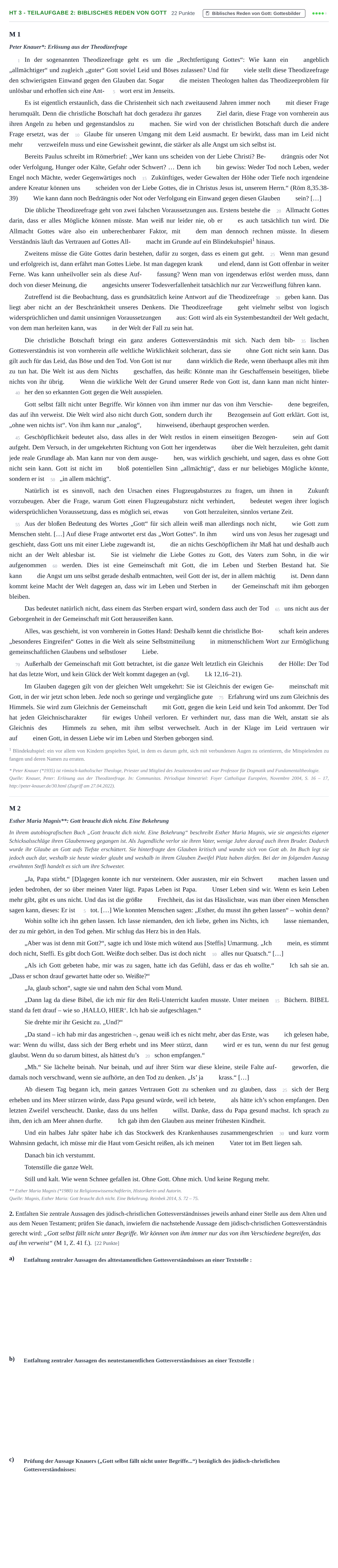 Aufgabenstellung: Aufgabe HT 3 - Teilaufgabe 2: Biblisches Reden von Gott · Abitur NRW Katholische Religion LK · Haupttermin 2023