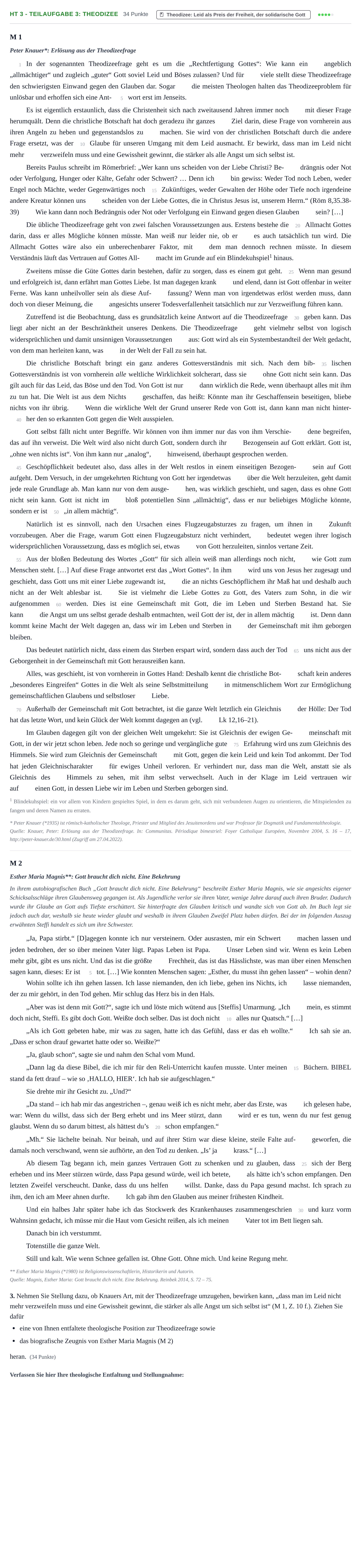Aufgabenstellung: Aufgabe HT 3 - Teilaufgabe 3: Theodizee · Abitur NRW Katholische Religion LK · Haupttermin 2023