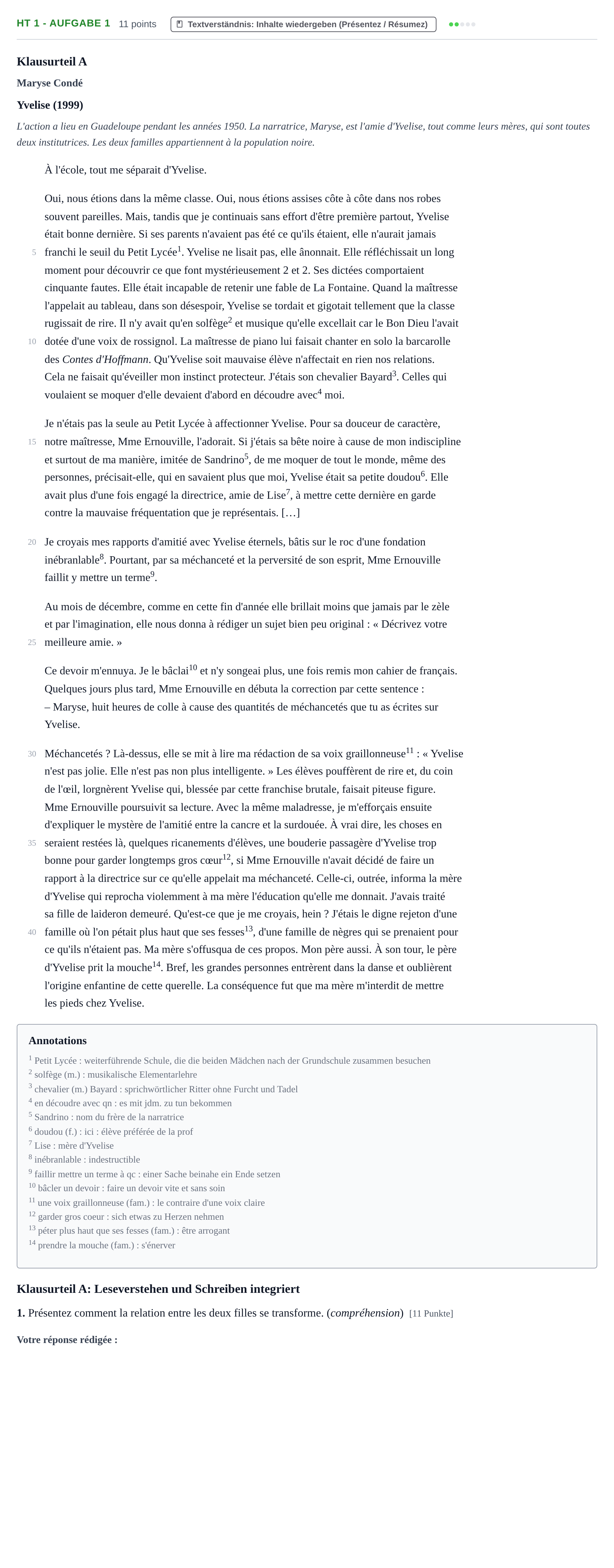 Aufgabenstellung: Aufgabe HT 1 - Aufgabe 1 · Abitur NRW Französisch GK · Haupttermin · fortgeführt 2021