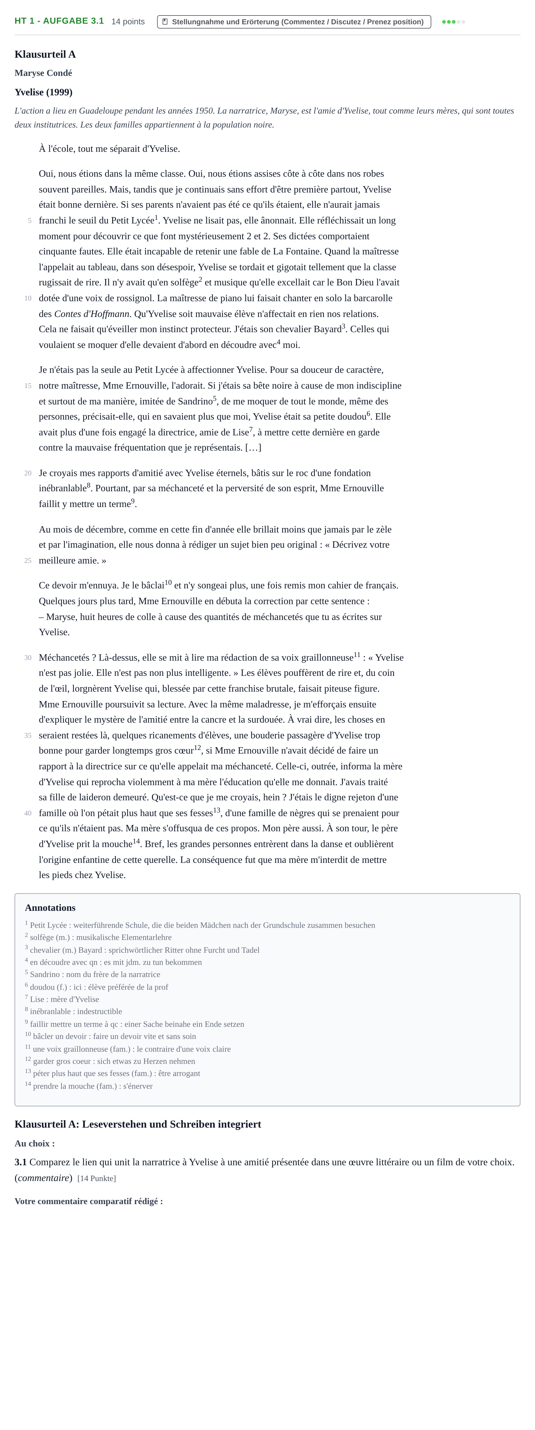 Aufgabenstellung: Aufgabe HT 1 - Aufgabe 3.1 · Abitur NRW Französisch GK · Haupttermin · fortgeführt 2021