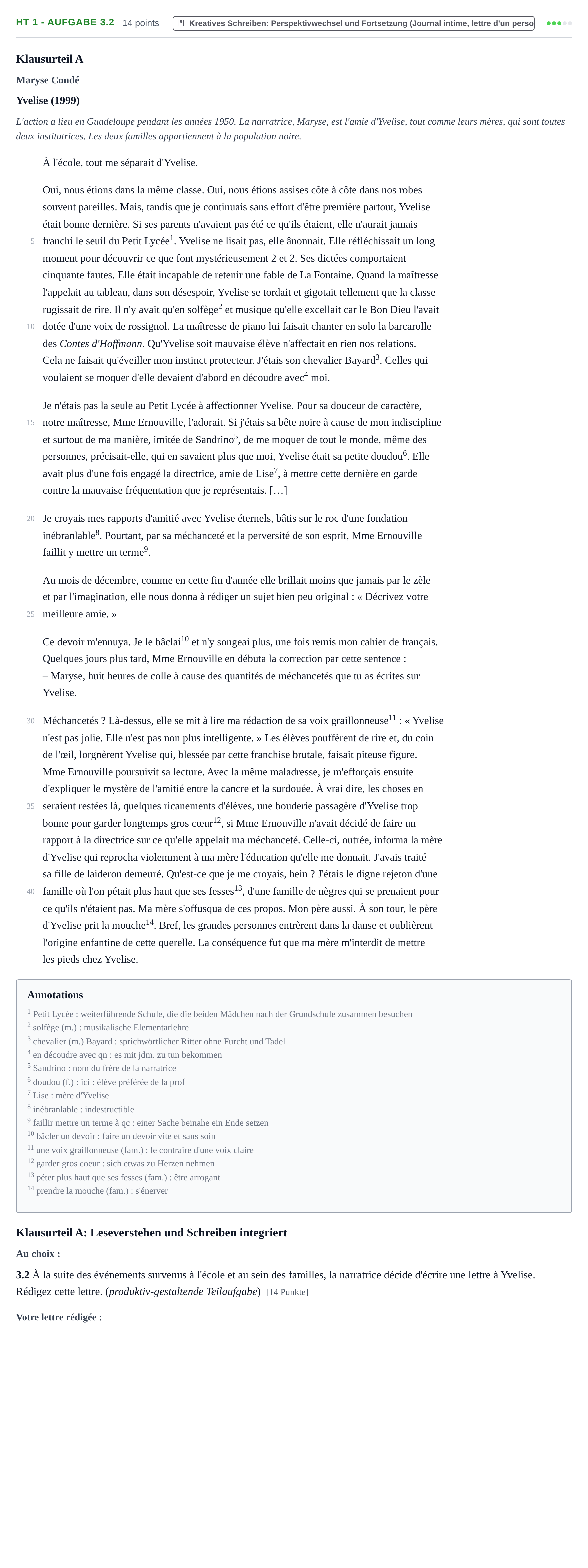 Aufgabenstellung: Aufgabe HT 1 - Aufgabe 3.2 · Abitur NRW Französisch GK · Haupttermin · fortgeführt 2021