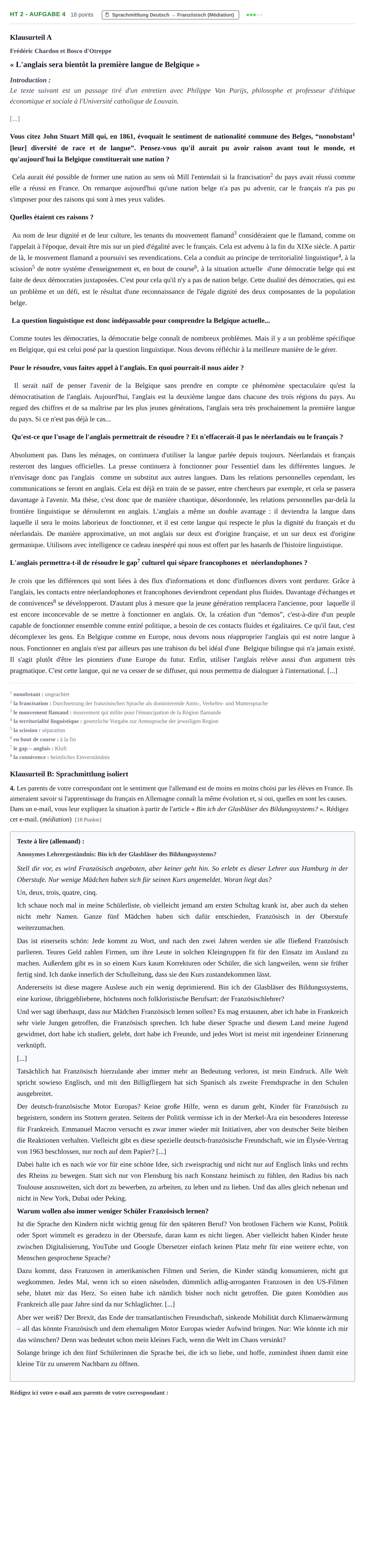 Aufgabenstellung: Aufgabe HT 2 - Aufgabe 4 · Abitur NRW Französisch GK · Haupttermin · fortgeführt 2021