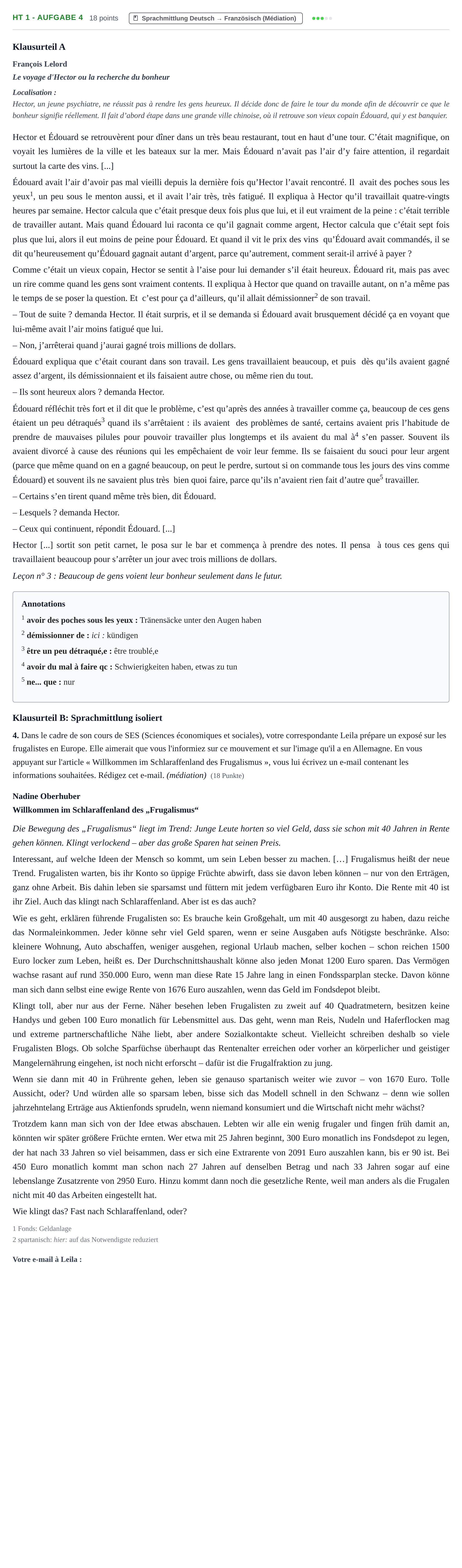 Aufgabenstellung: Aufgabe HT 1 - Aufgabe 4 · Abitur NRW Französisch GK · Haupttermin · neu einsetzend 2021
