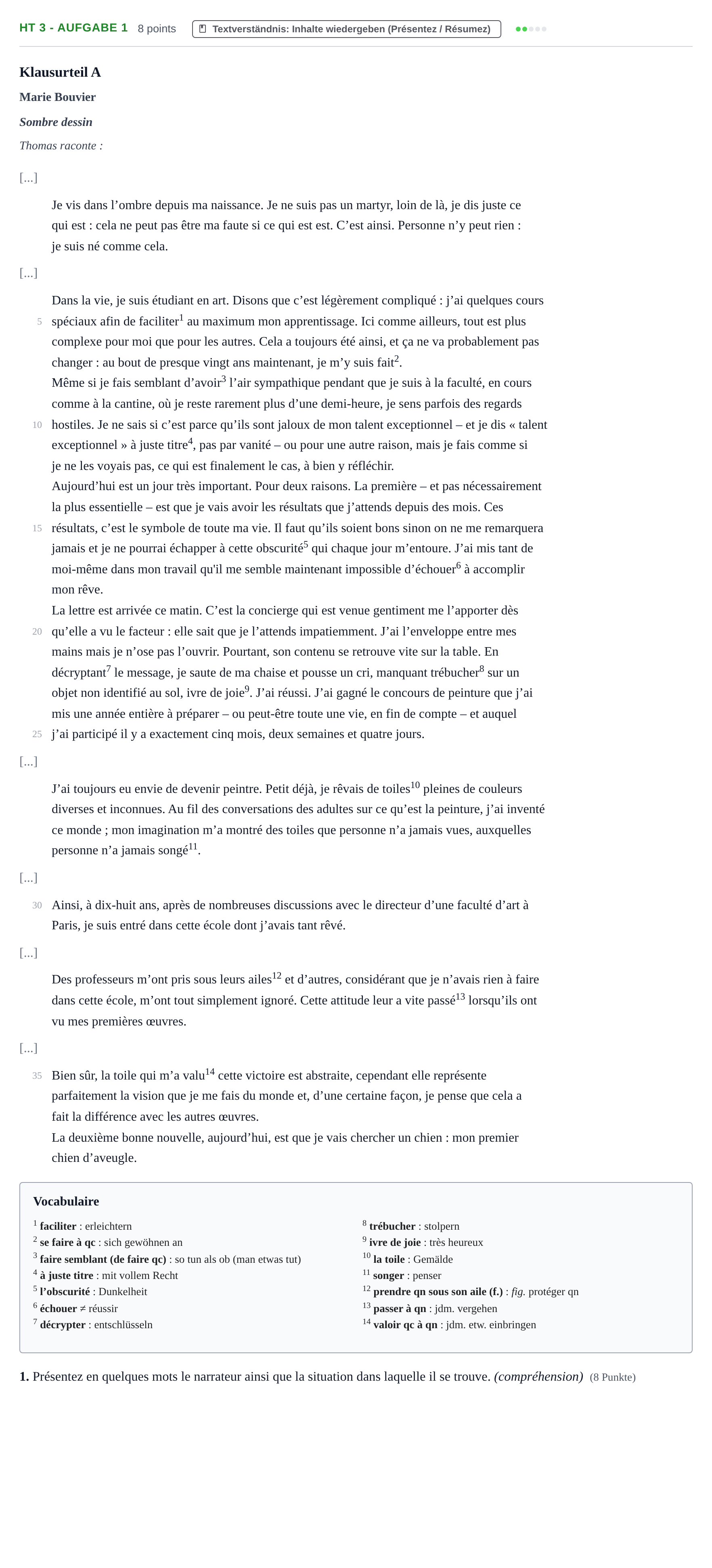 Aufgabenstellung: Aufgabe HT 3 - Aufgabe 1 · Abitur NRW Französisch GK · Haupttermin · neu einsetzend 2021